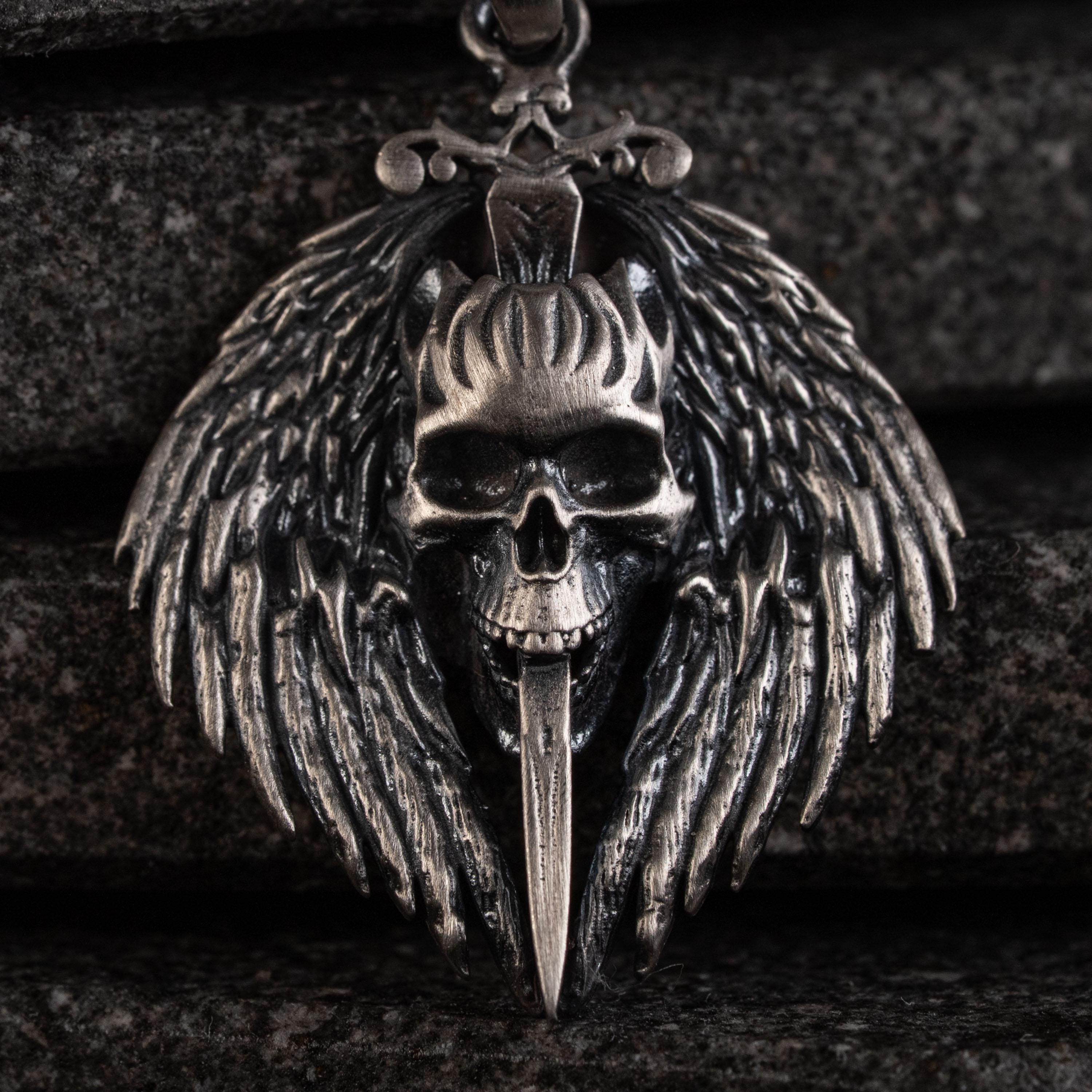 Gothic Skull Sword 925 Sterling Silver Pendant Necklace