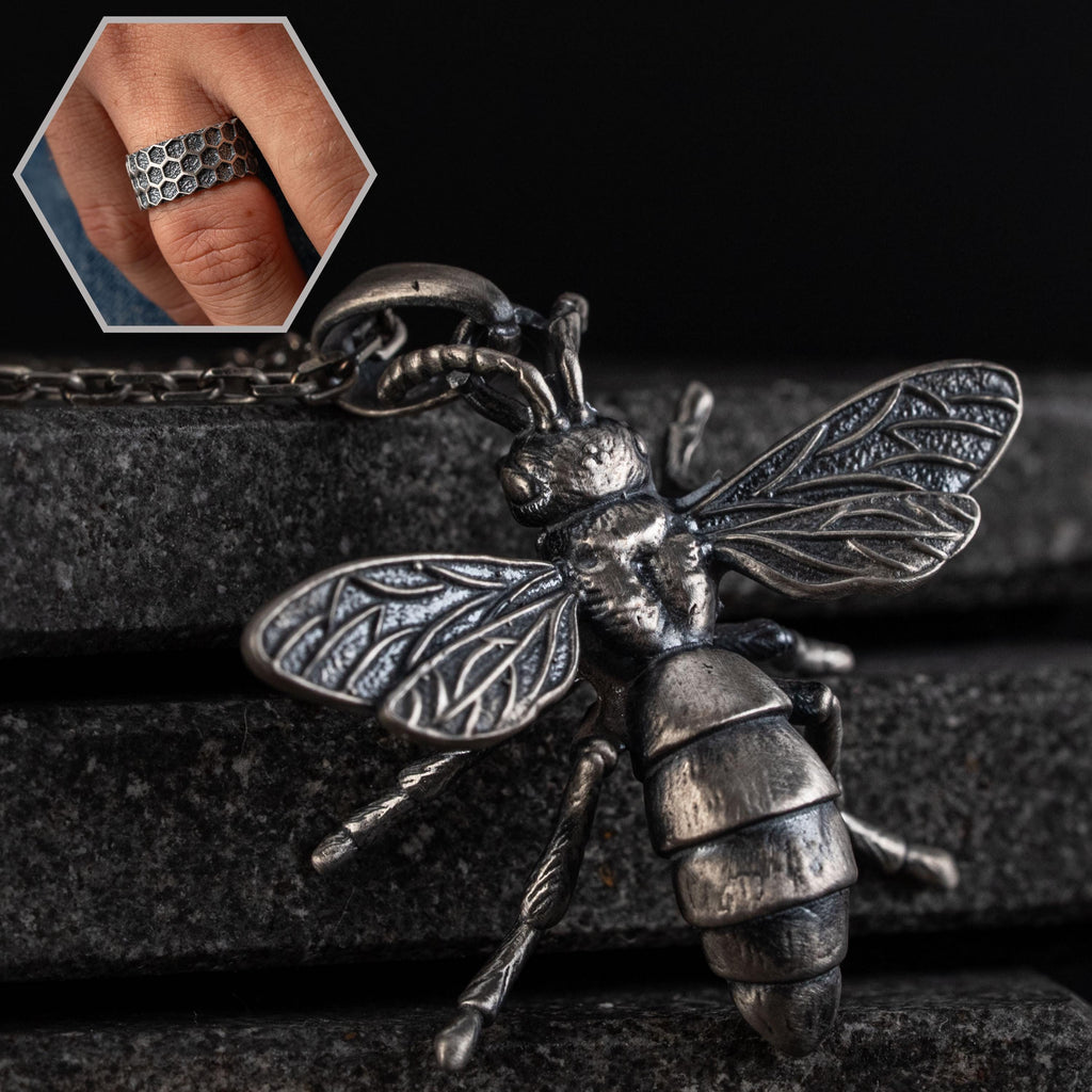 Queen Bee Necklace & Honeycomb Ring Handmade 925 Sterling Silver Set