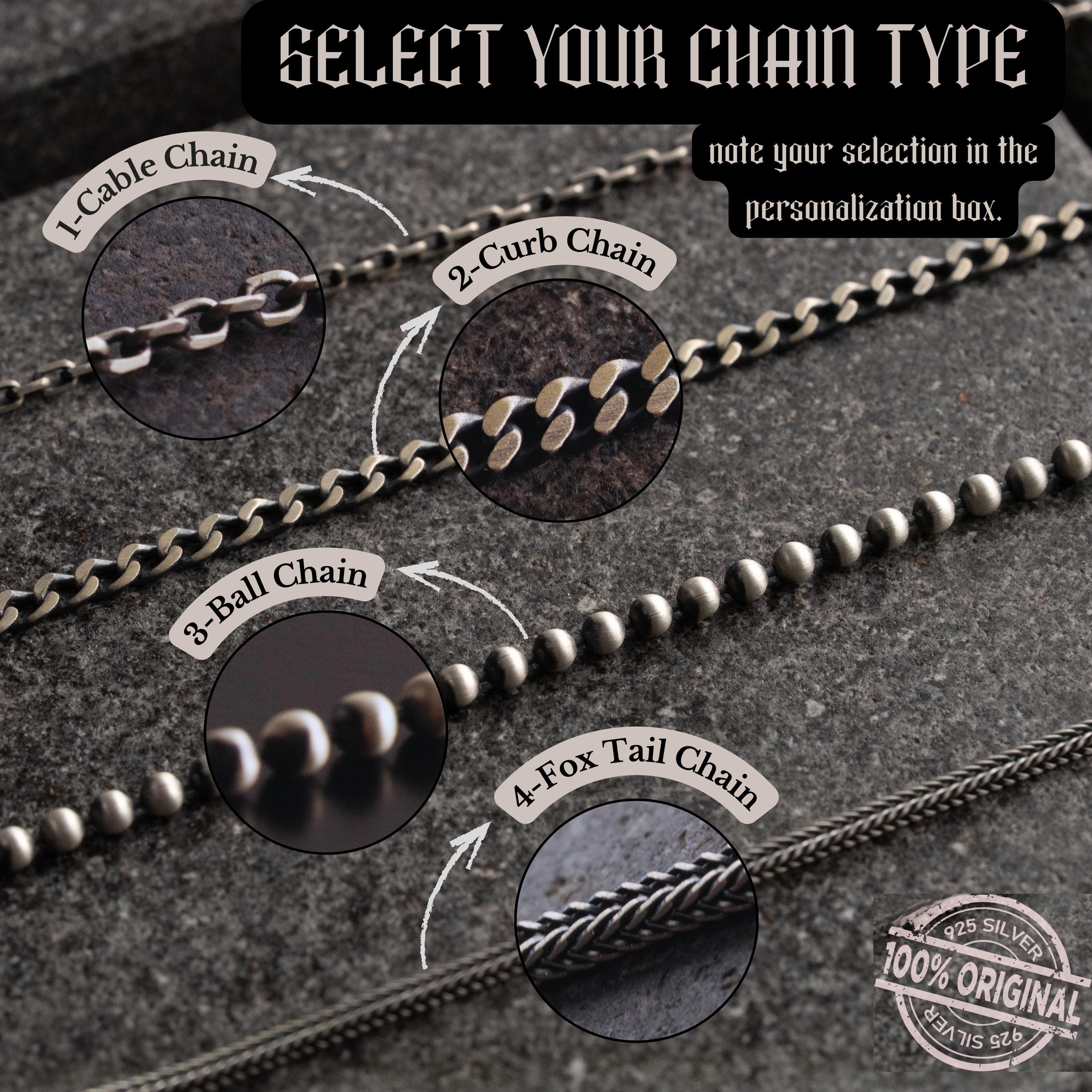 various types of chain necklaces, including cable, curbed, ball, fox tail, and 3-ball chains, each with different designs and styles.