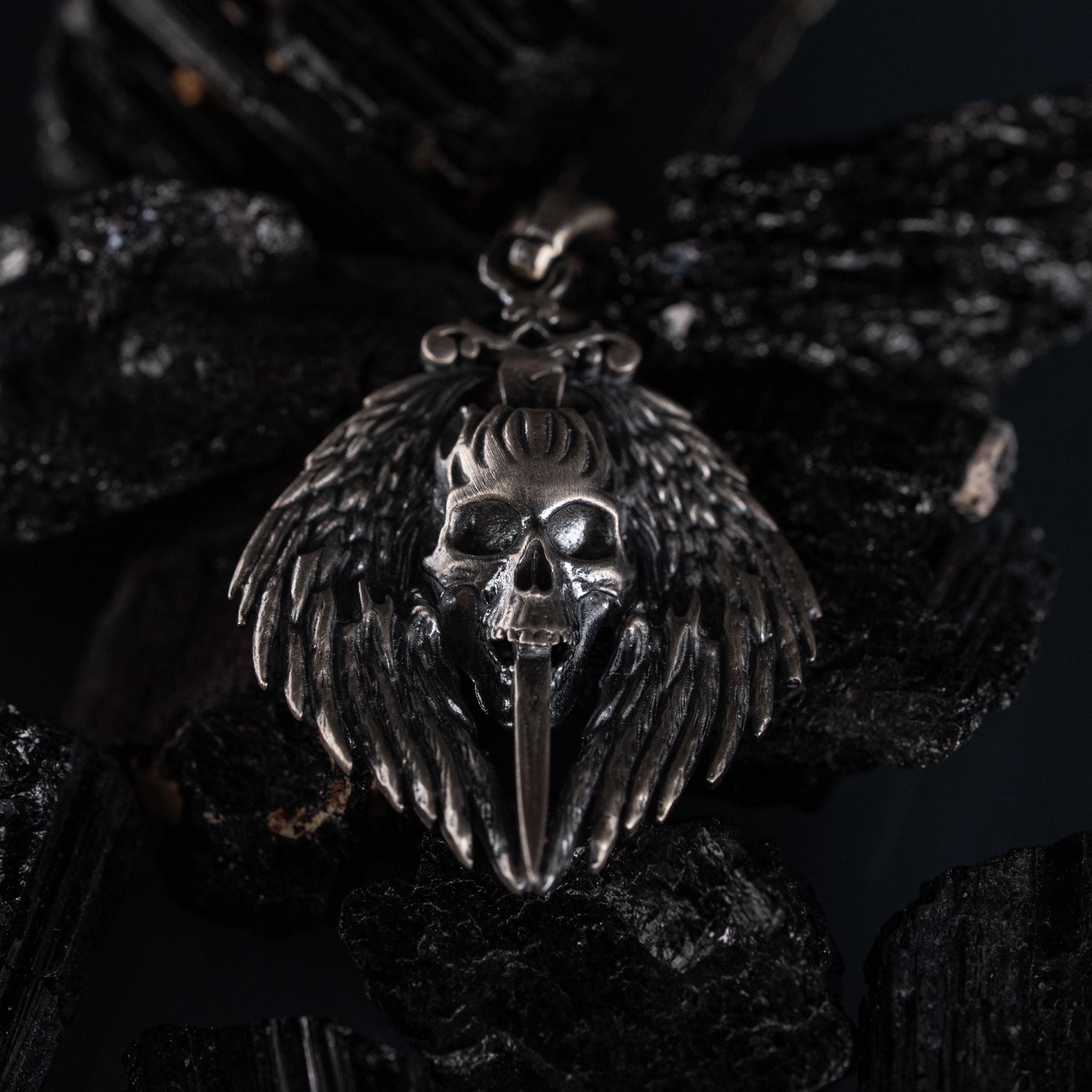 Gothic Skull Sword 925 Sterling Silver Pendant Necklace