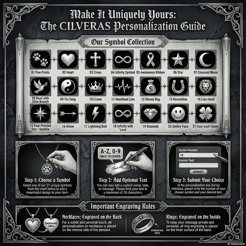 The image is a detailed guide on how to personalize necklaces and rings using the CILVERAS Personalization Guide. It provides step-by-step instructions on choosing a symbol, adding text, and engraving on the back and inside the pendant. The guide also outlines important engraving rules for necklaces and rings. The image is a collage of various symbols and instructions, and it is not a single image but a collection of images that collectively convey the guide's message.