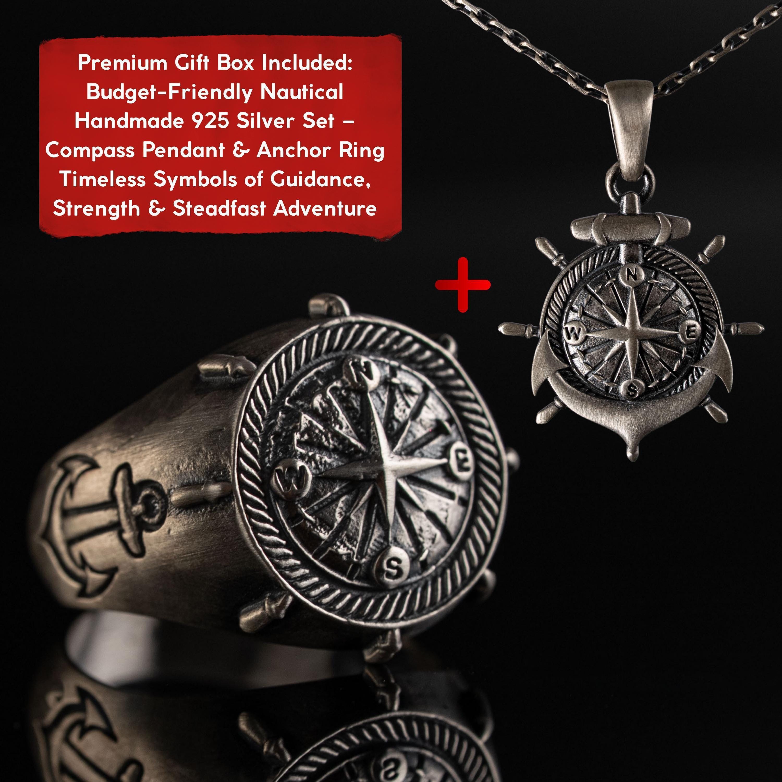 Unisex 925 Sterling Silver Compass & Anchor Jewelry Set