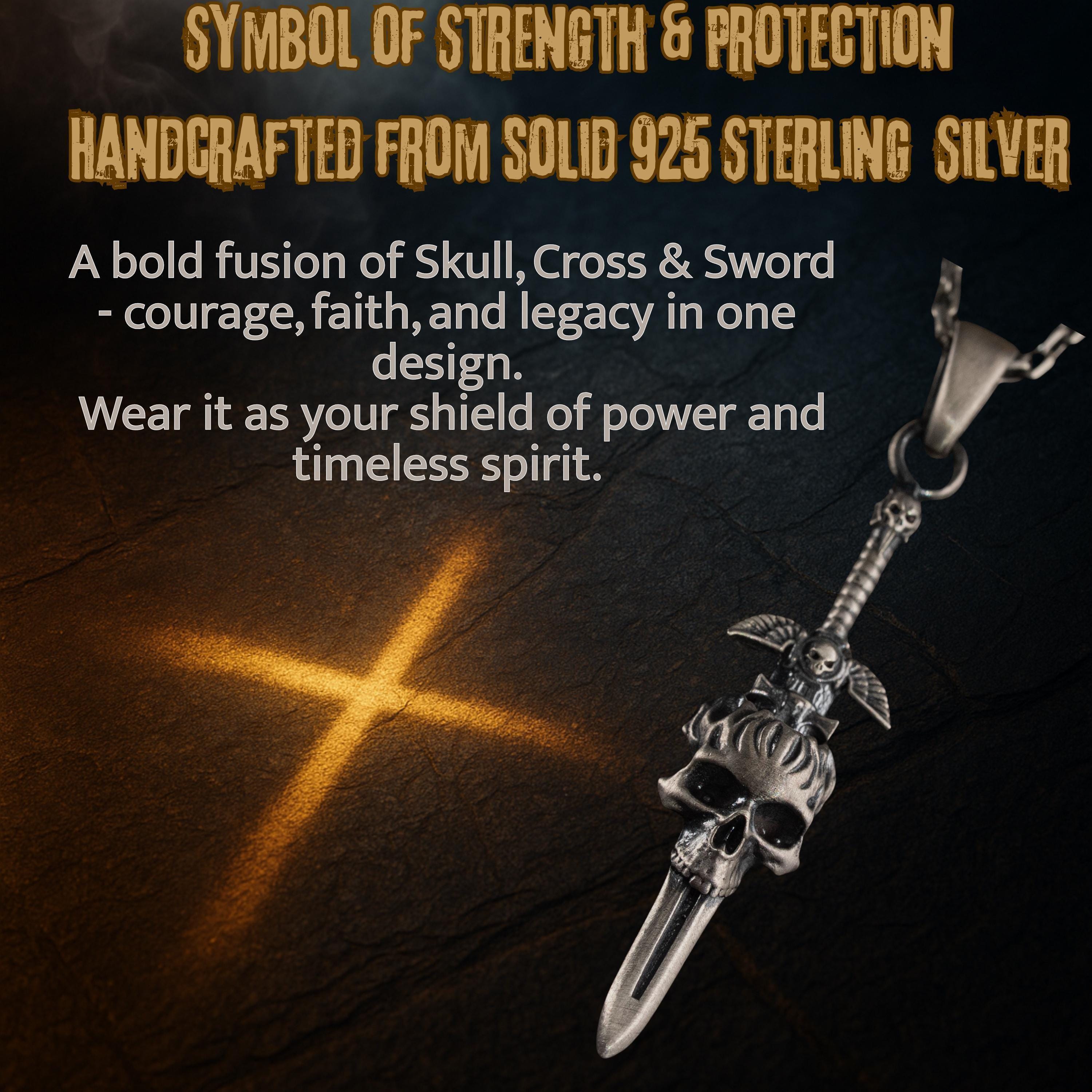 Skull Cross Sword 925 Sterling Silver Pendant Necklace