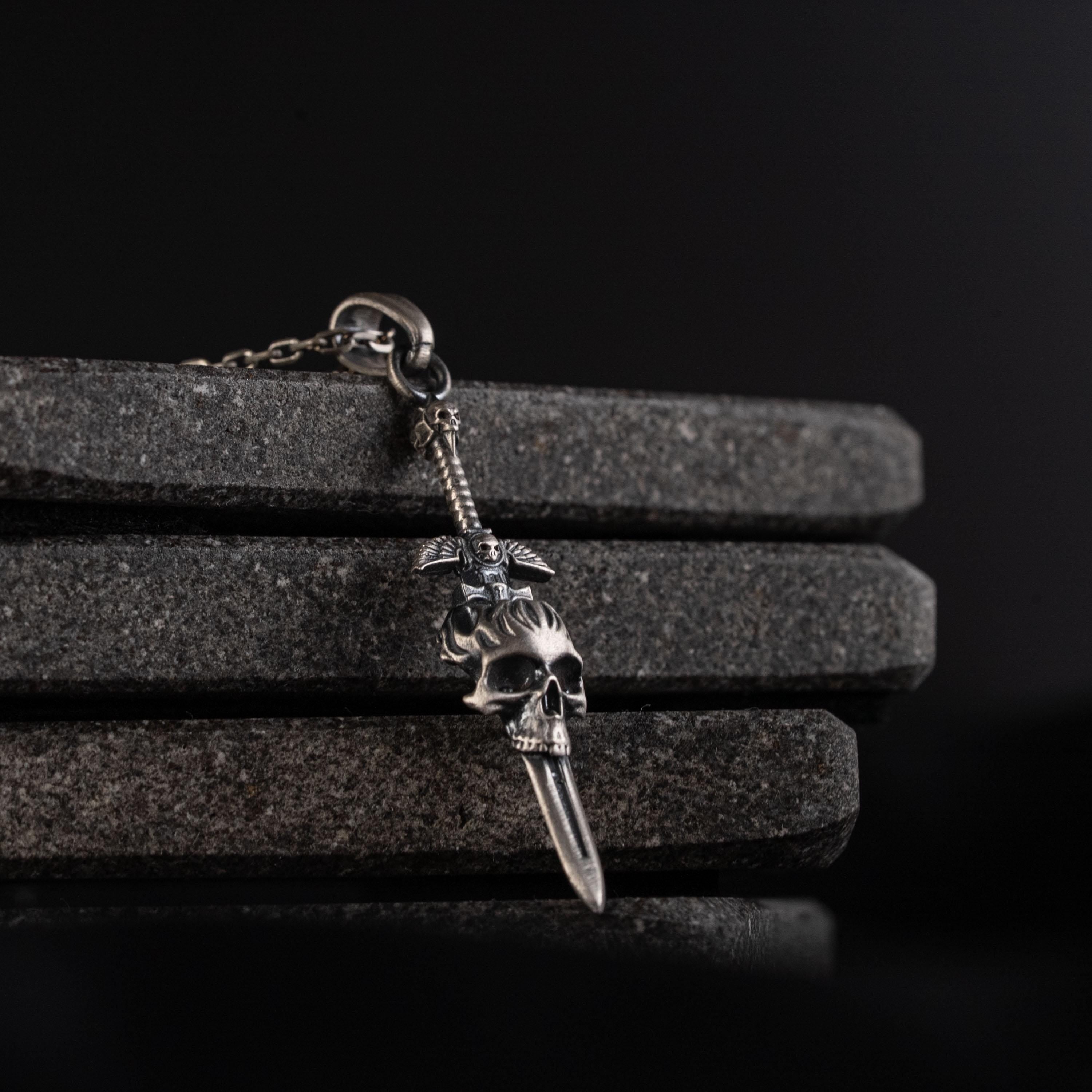 Skull Cross Sword 925 Sterling Silver Pendant Necklace