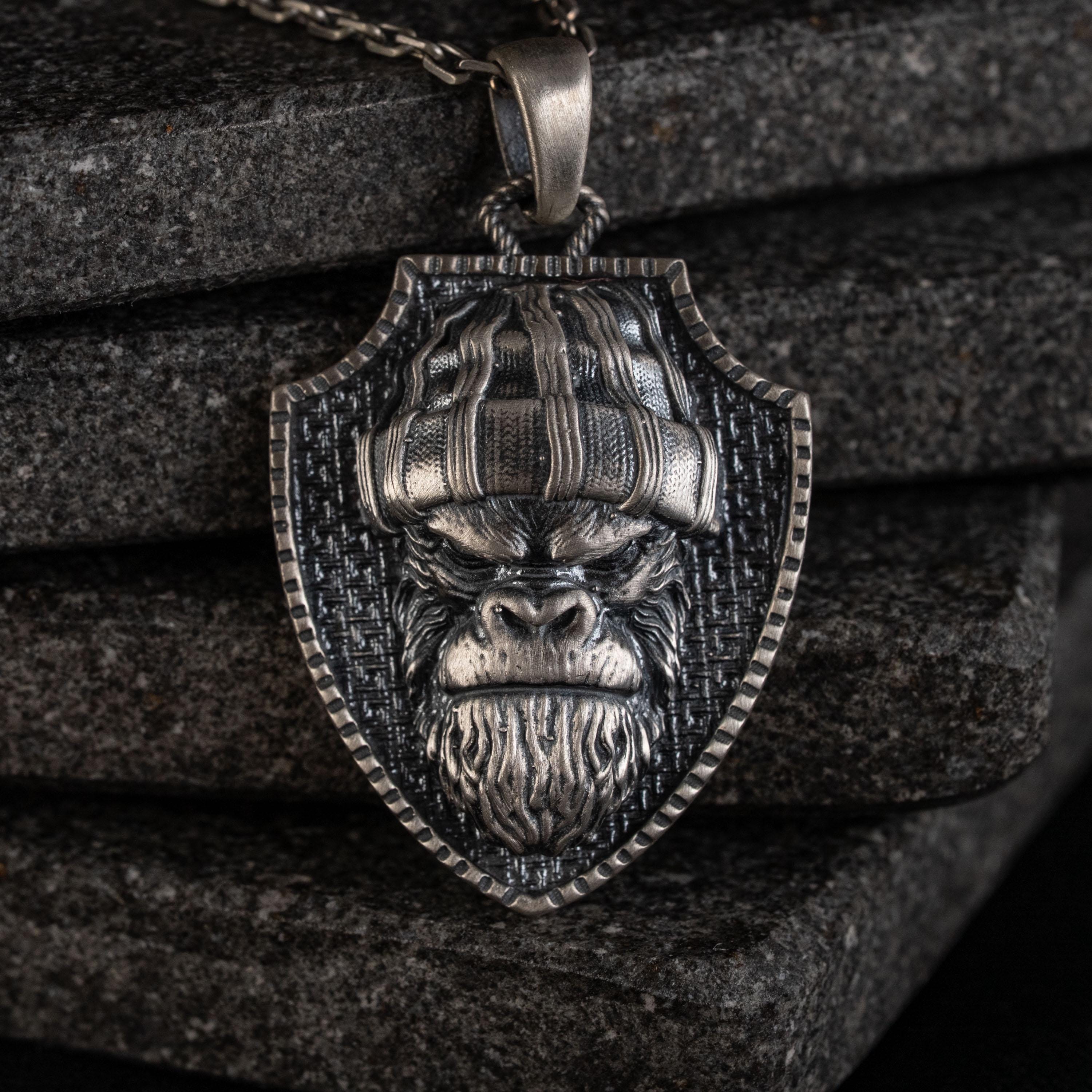 925 Sterling Silver Gorilla King Ring & Angry Gorilla Necklace Set