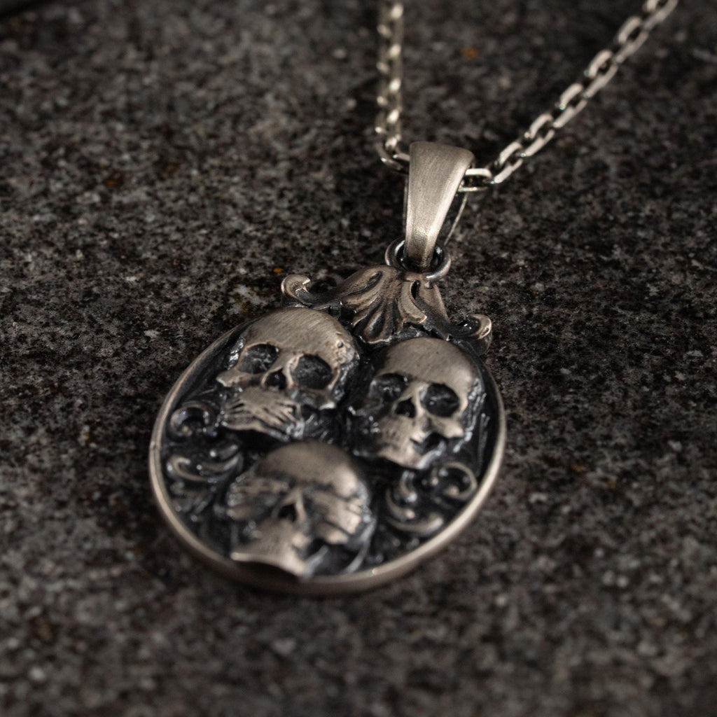Three Wise Skull 925 Sterling Silver Pendant Necklace
