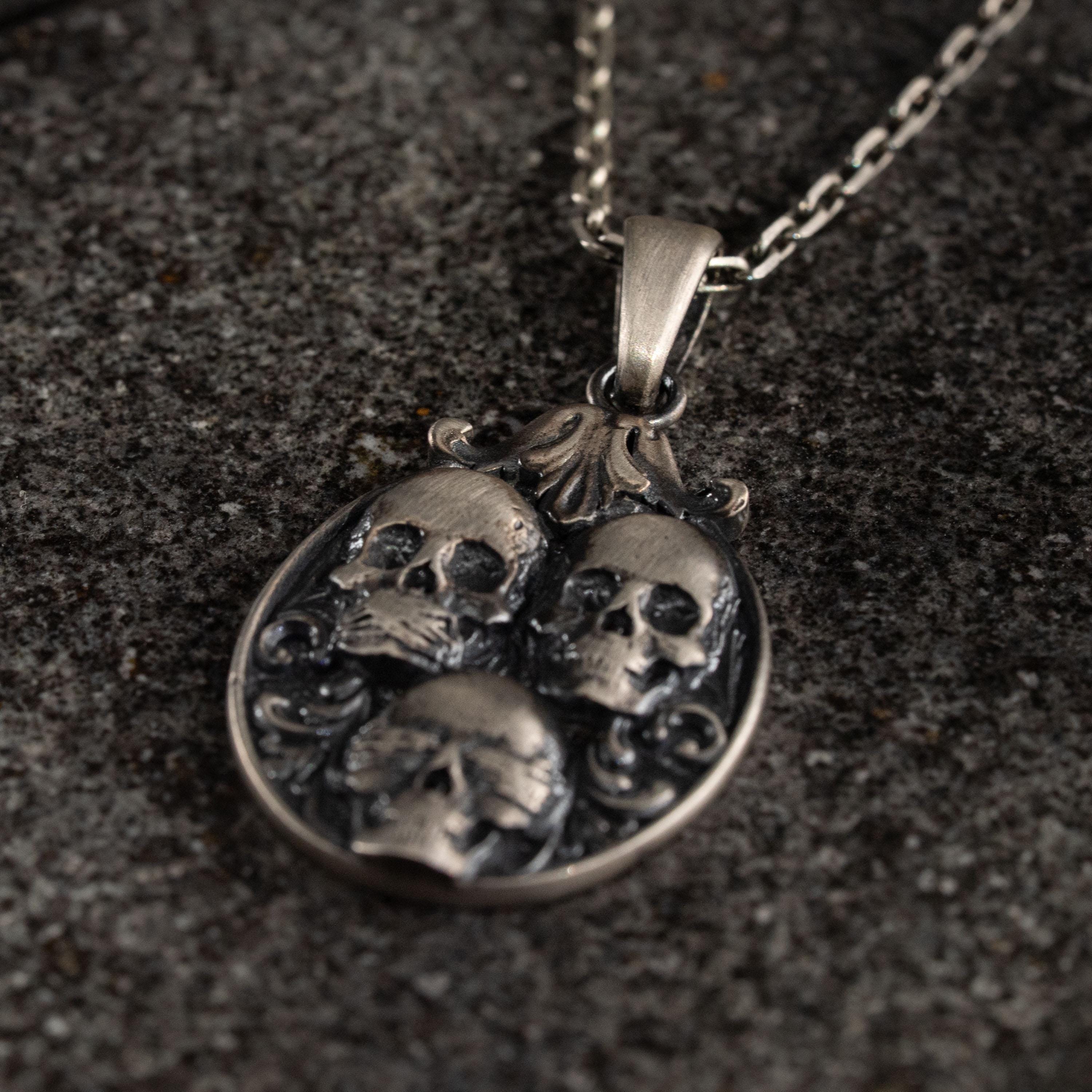 Three Wise Skull 925 Sterling Silver Pendant Necklace