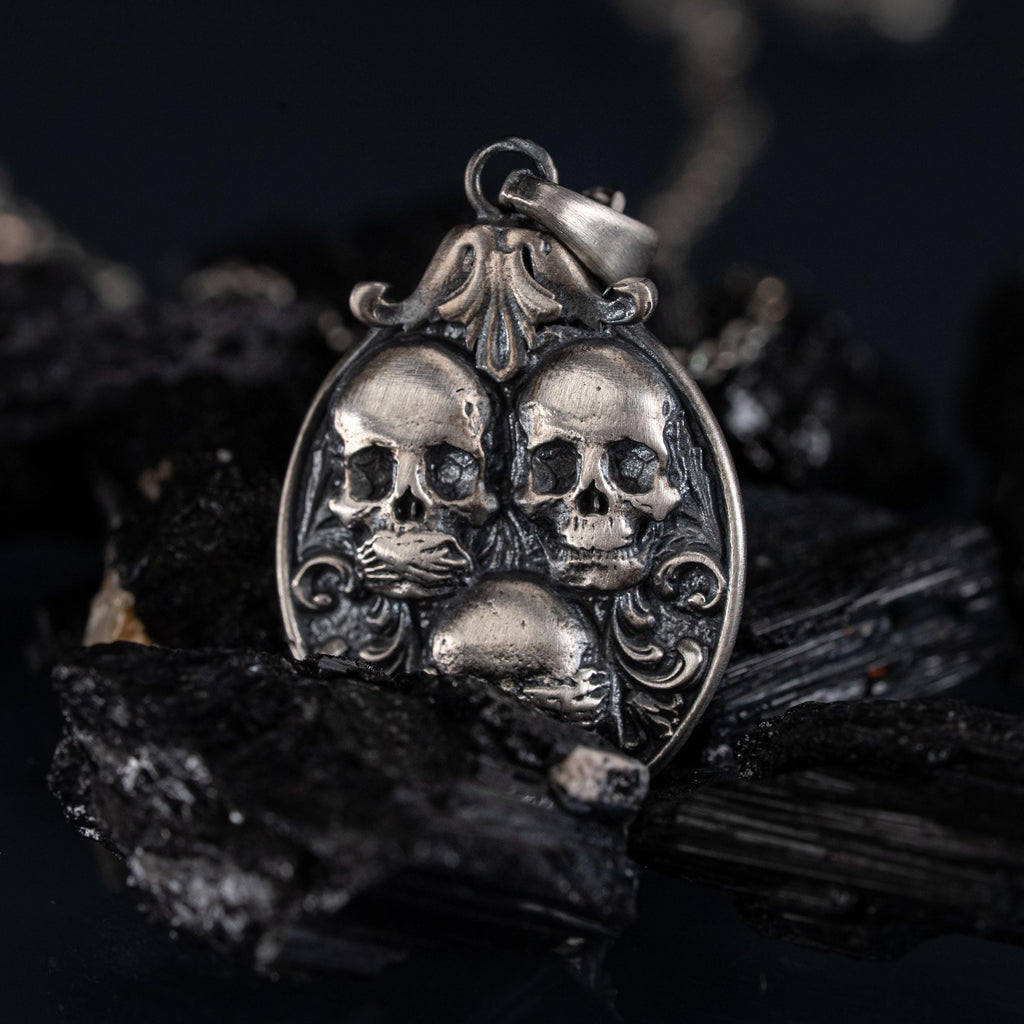 Three Wise Skull 925 Sterling Silver Pendant Necklace