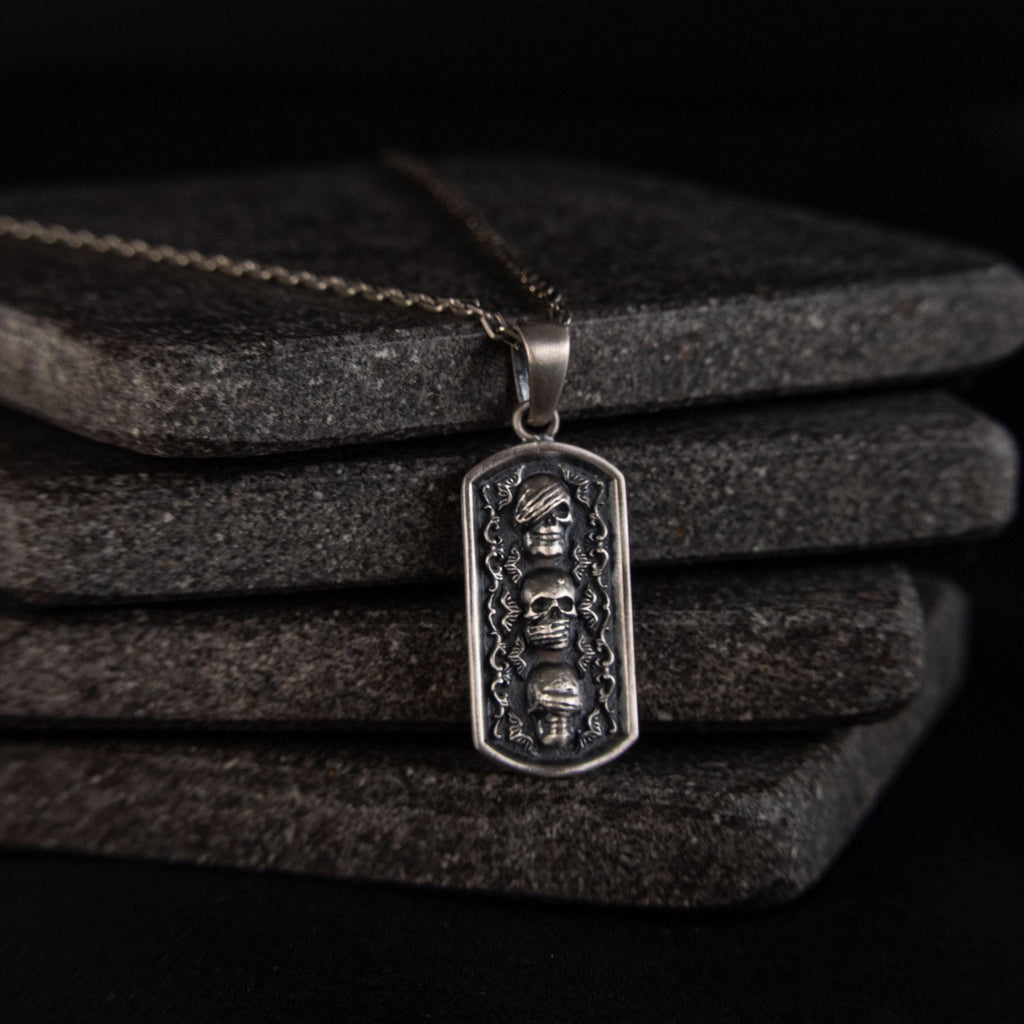 Three Wise Skulls 925 Sterling Silver Handmade Necklace