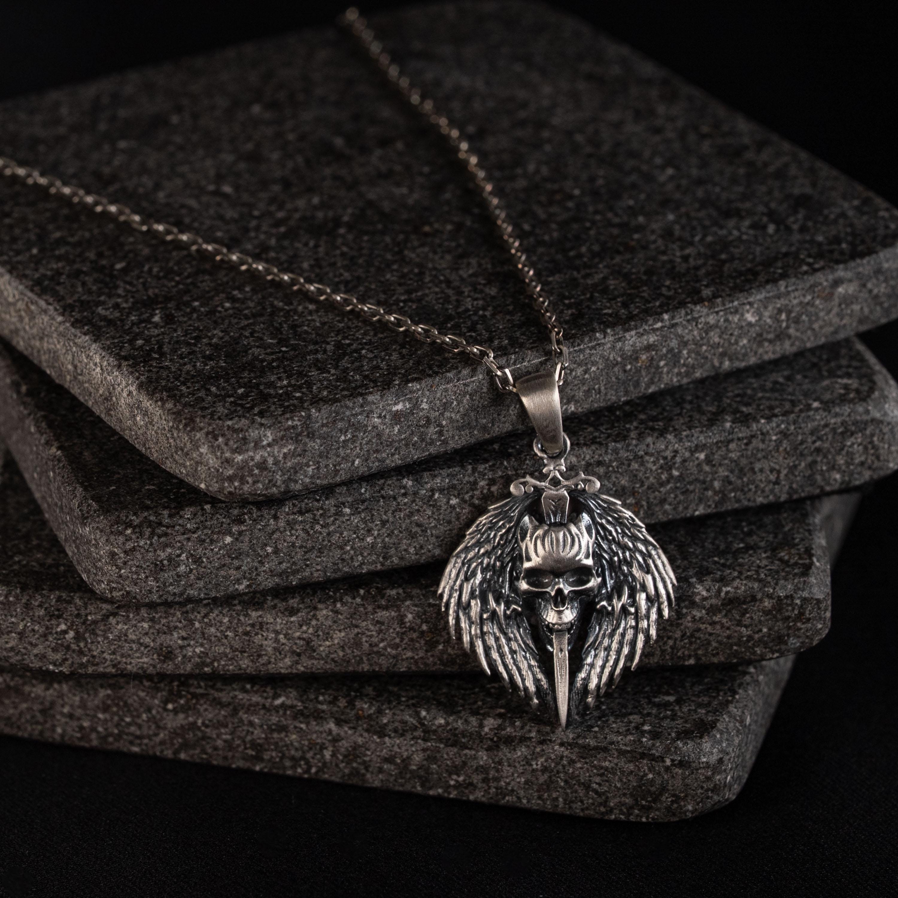 Gothic Skull Sword 925 Sterling Silver Pendant Necklace