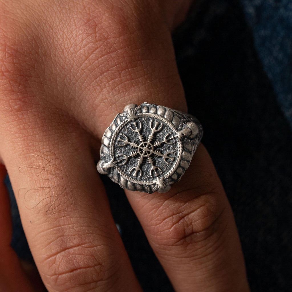 Viking Vegvisir Necklace & Helm of Awe Ring Set