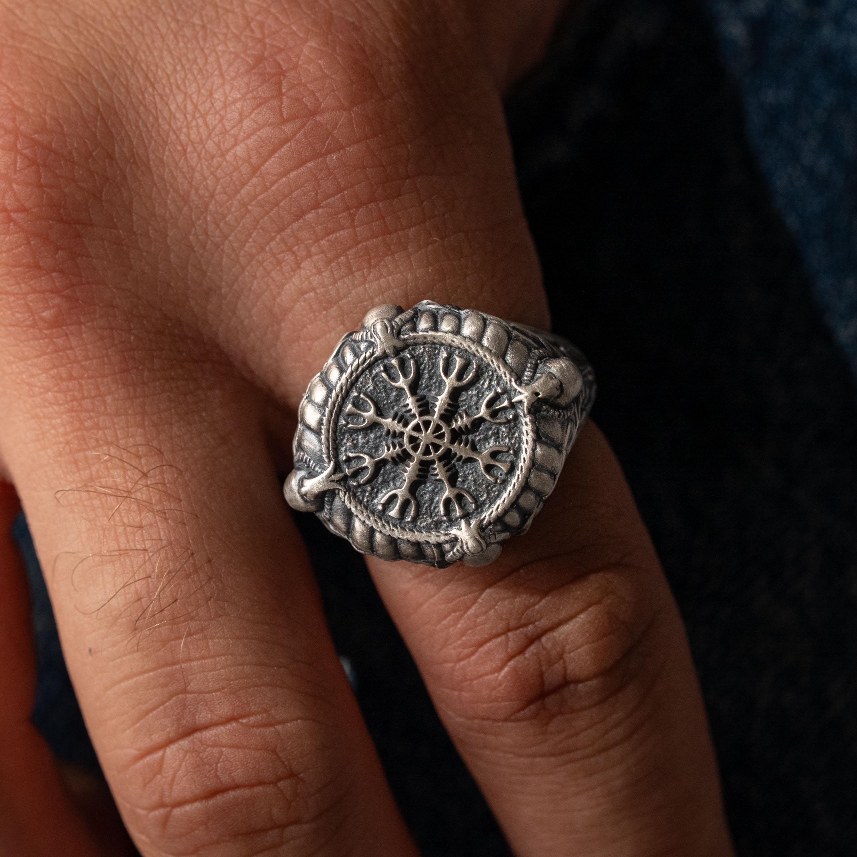 Viking Vegvisir Necklace & Helm of Awe Ring Set