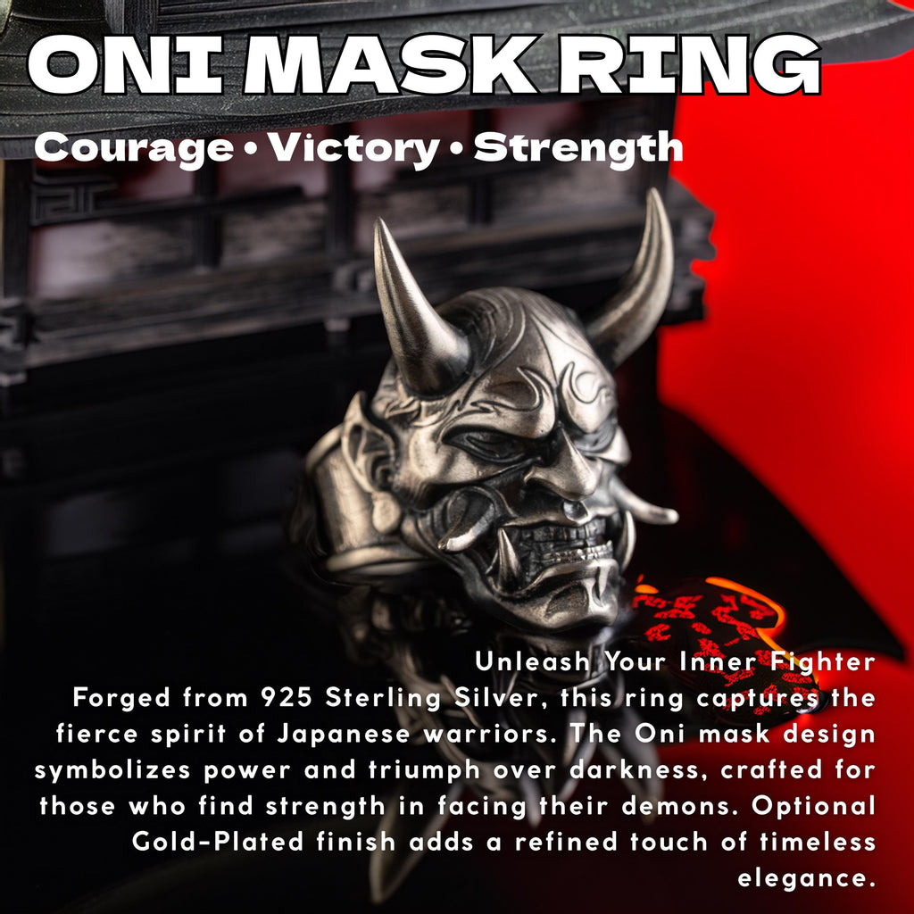 a silver Oni mask ring with a dragon-like design, set against a red background. The text above the image reads "ONI MASK RING Courage Victory Strength".