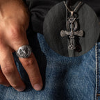 925 Sterling Silver Pharaoh Ring & Ankh Eye of Horus Pendant Necklace