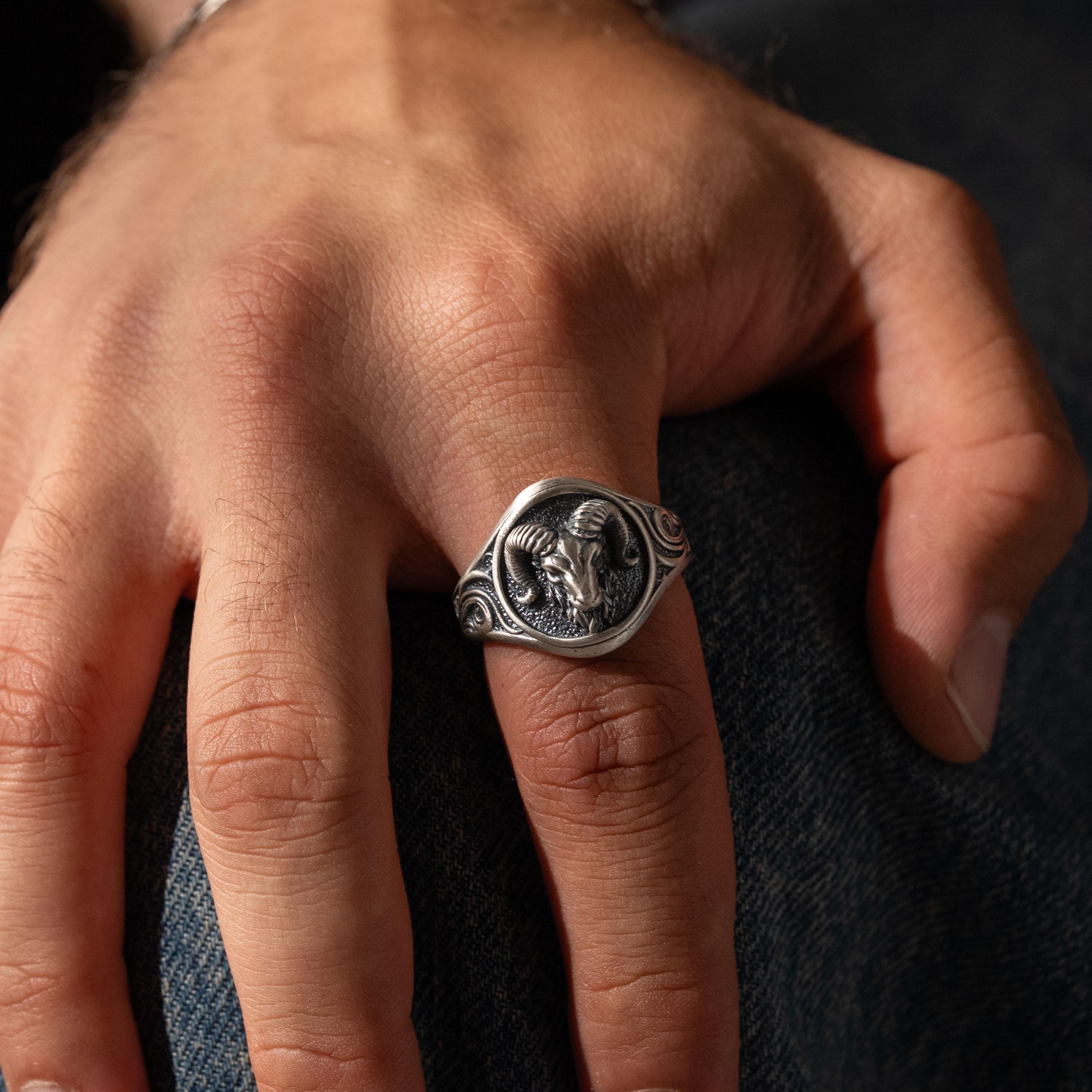 Sterling Silver Aries Ram Head Signet Ring
