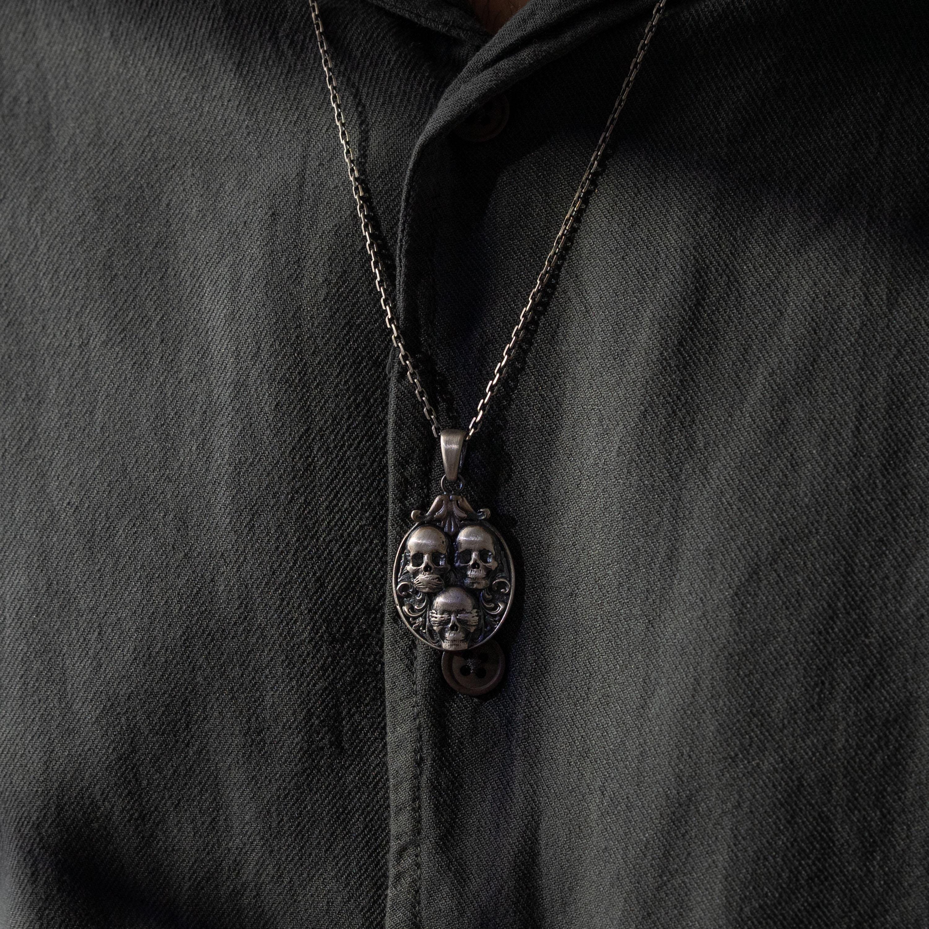 Three Wise Skull 925 Sterling Silver Pendant Necklace