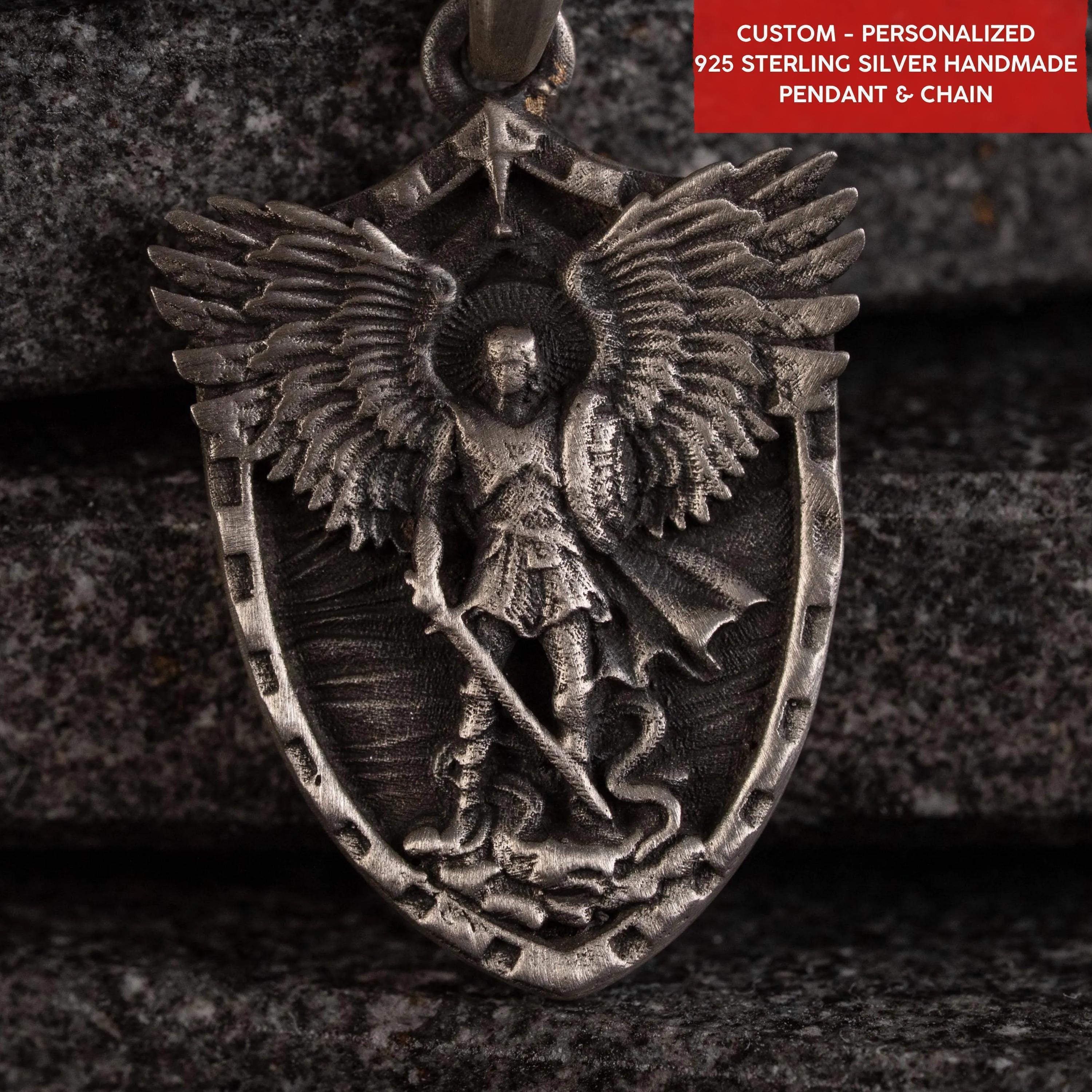 Personalized St. Michael Archangel Shield 925 Sterling Silver Necklace