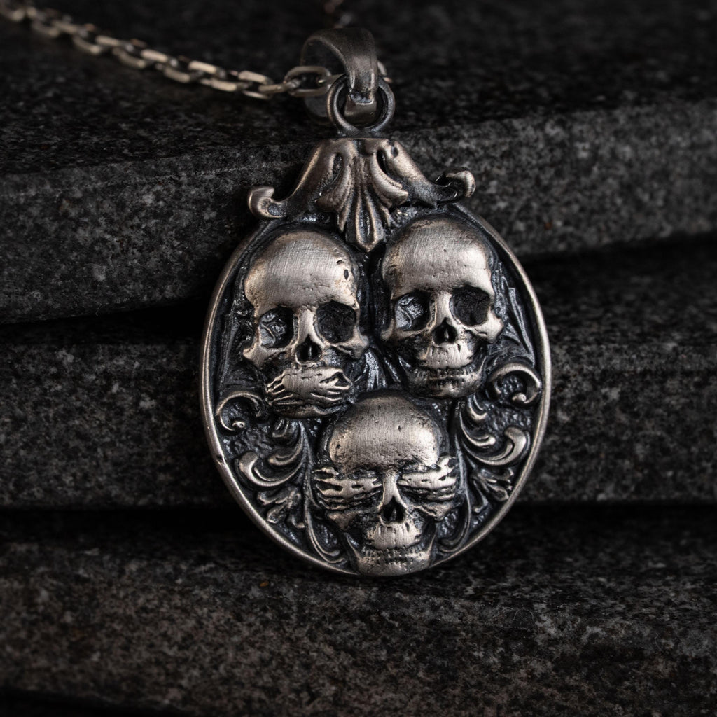 Three Wise Skull 925 Sterling Silver Pendant Necklace