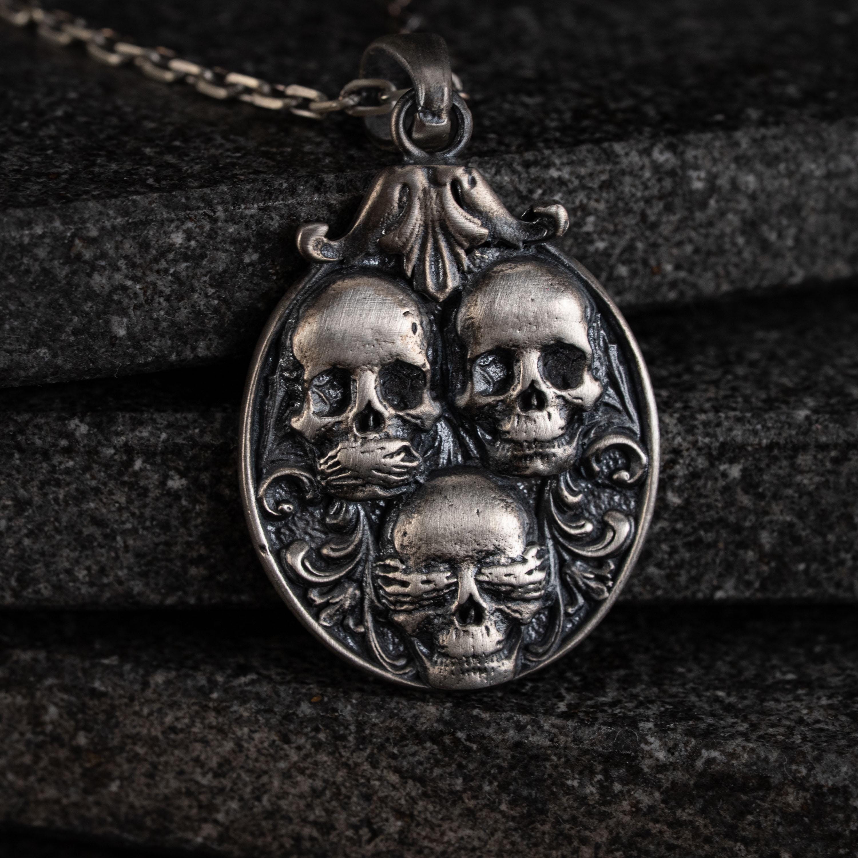 Three Wise Skull 925 Sterling Silver Pendant Necklace