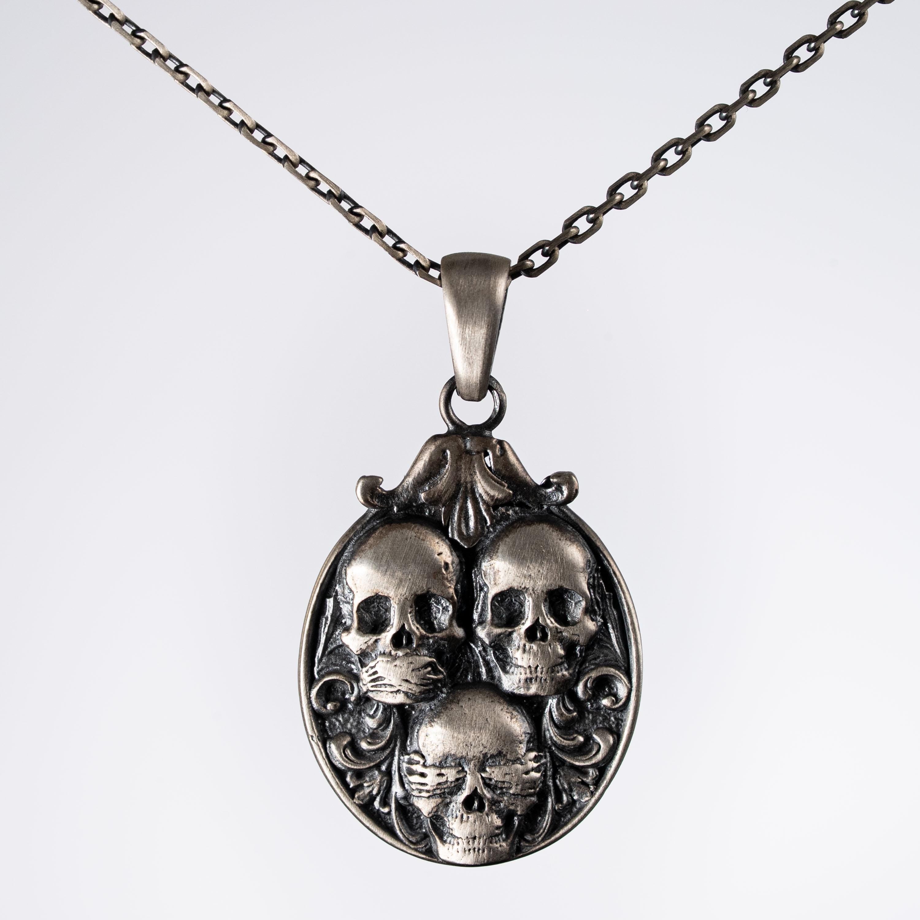 Three Wise Skull 925 Sterling Silver Pendant Necklace