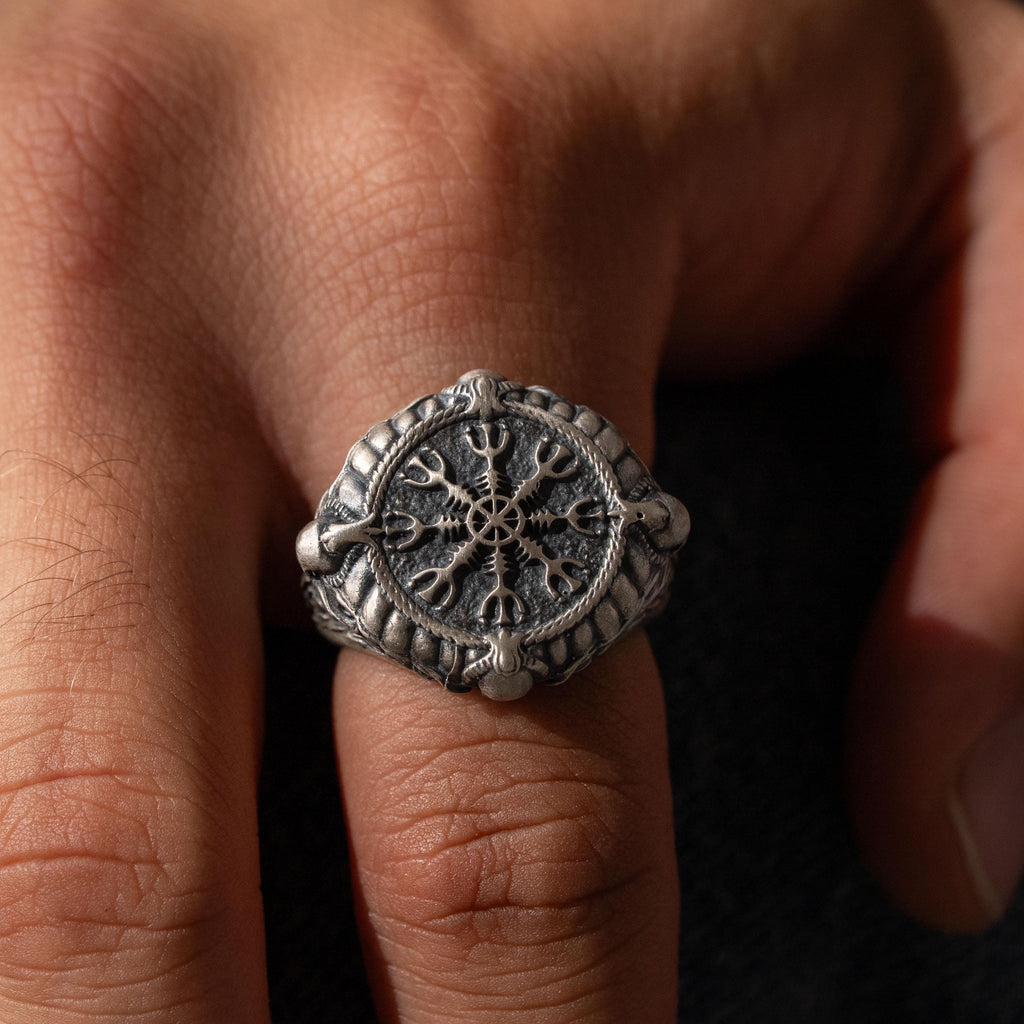 Viking Vegvisir Necklace & Helm of Awe Ring Set