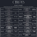 a font chart with various font names and styles, which can be used to engrave on jewelry.