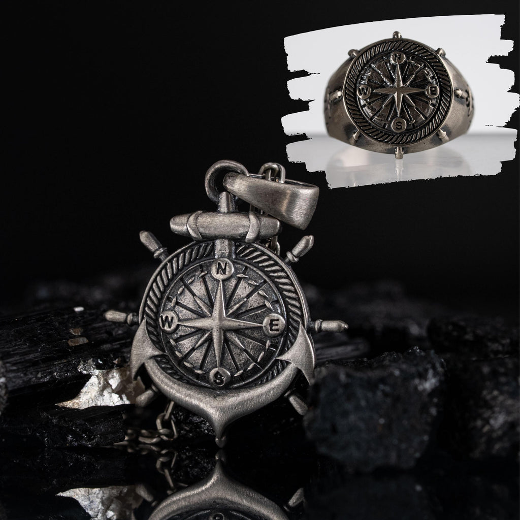Unisex 925 Sterling Silver Compass & Anchor Jewelry Set