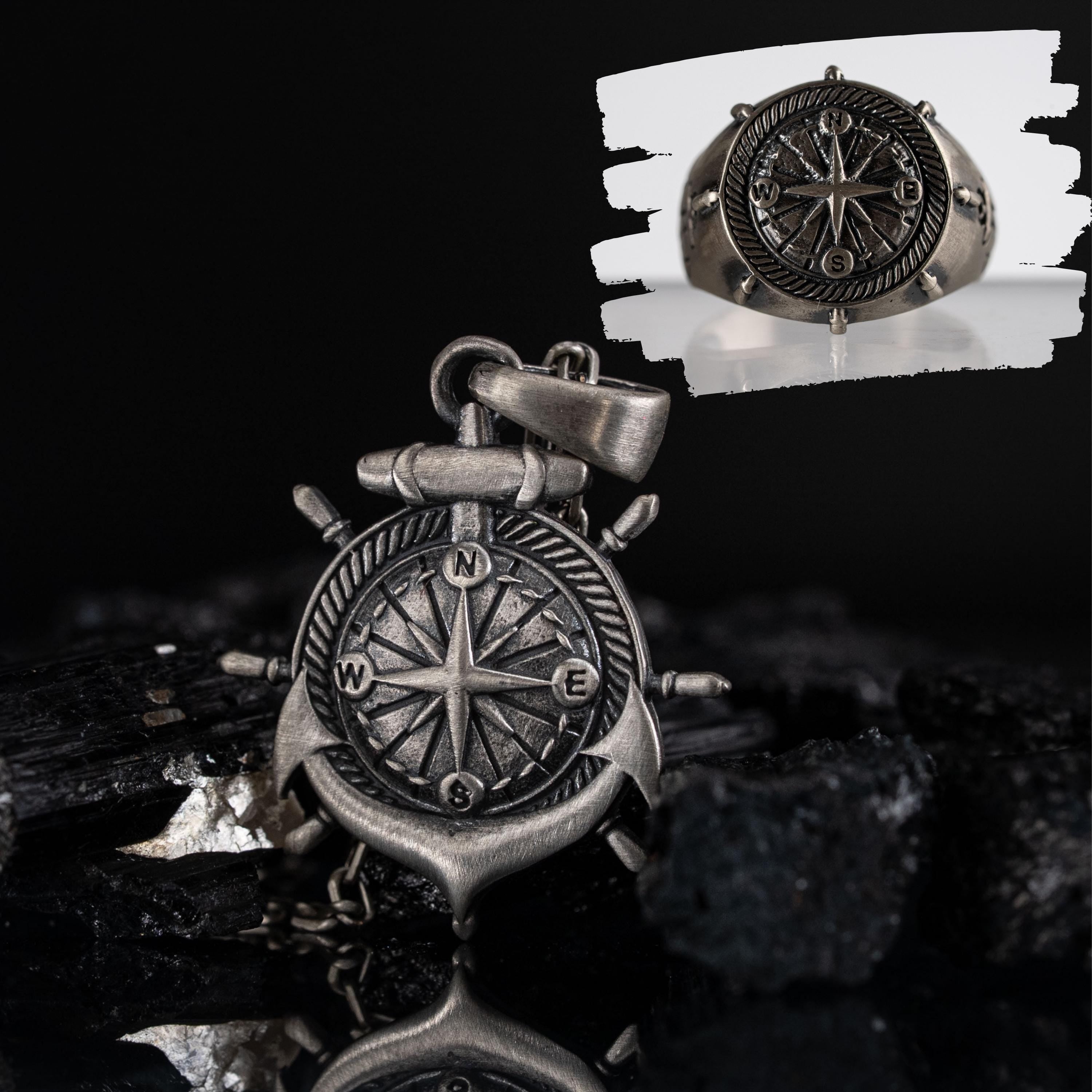 Unisex 925 Sterling Silver Compass & Anchor Jewelry Set