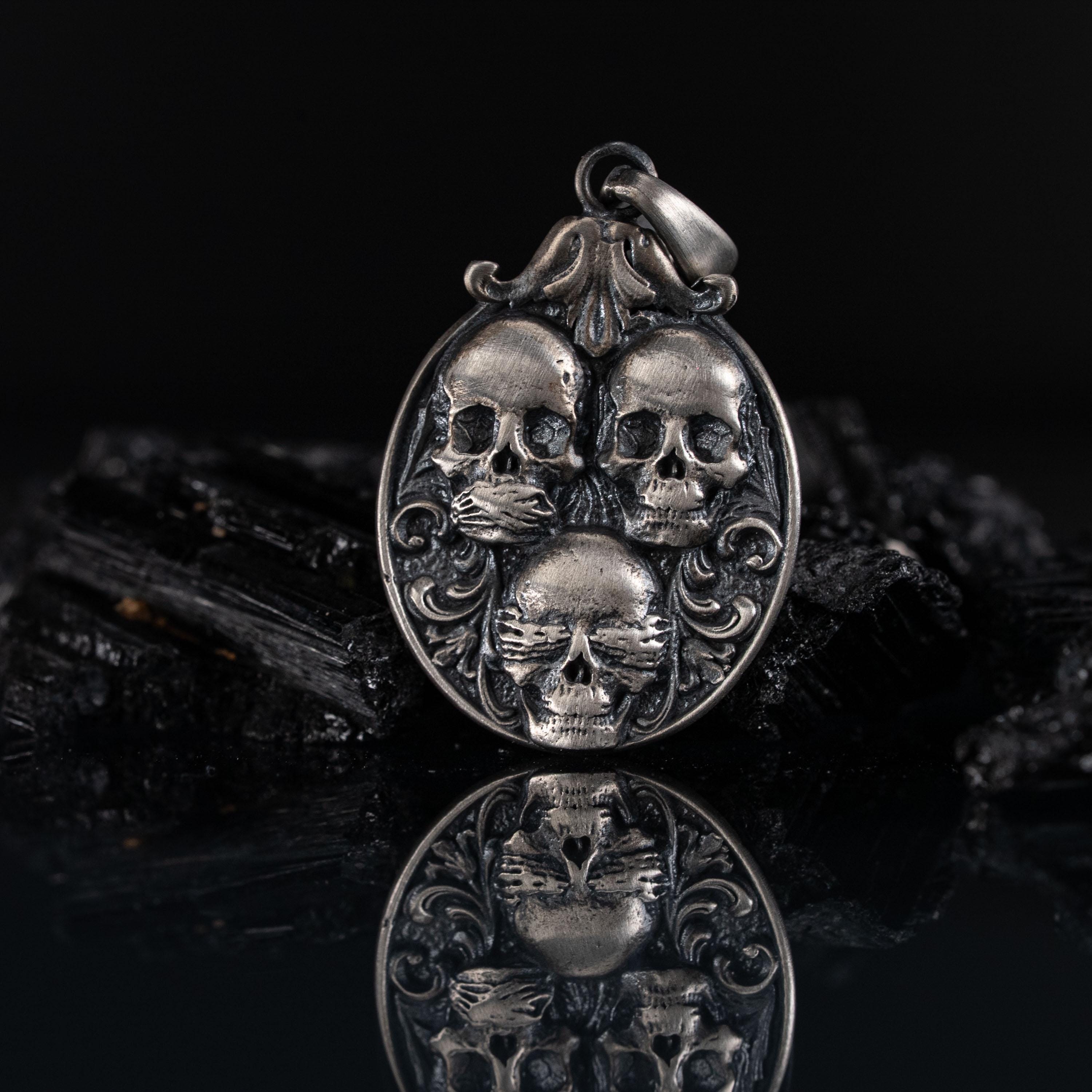 Three Wise Skull 925 Sterling Silver Pendant Necklace
