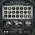 The image is a detailed guide on how to personalize necklaces and rings using the CILVERAS Personalization Guide. It provides step-by-step instructions on choosing a symbol, adding text, and engraving on the back and inside the pendant. The guide also outlines important engraving rules for necklaces and rings. The image is a collage of various symbols and instructions, and it is not a single image but a collection of images that collectively convey the guide's message.