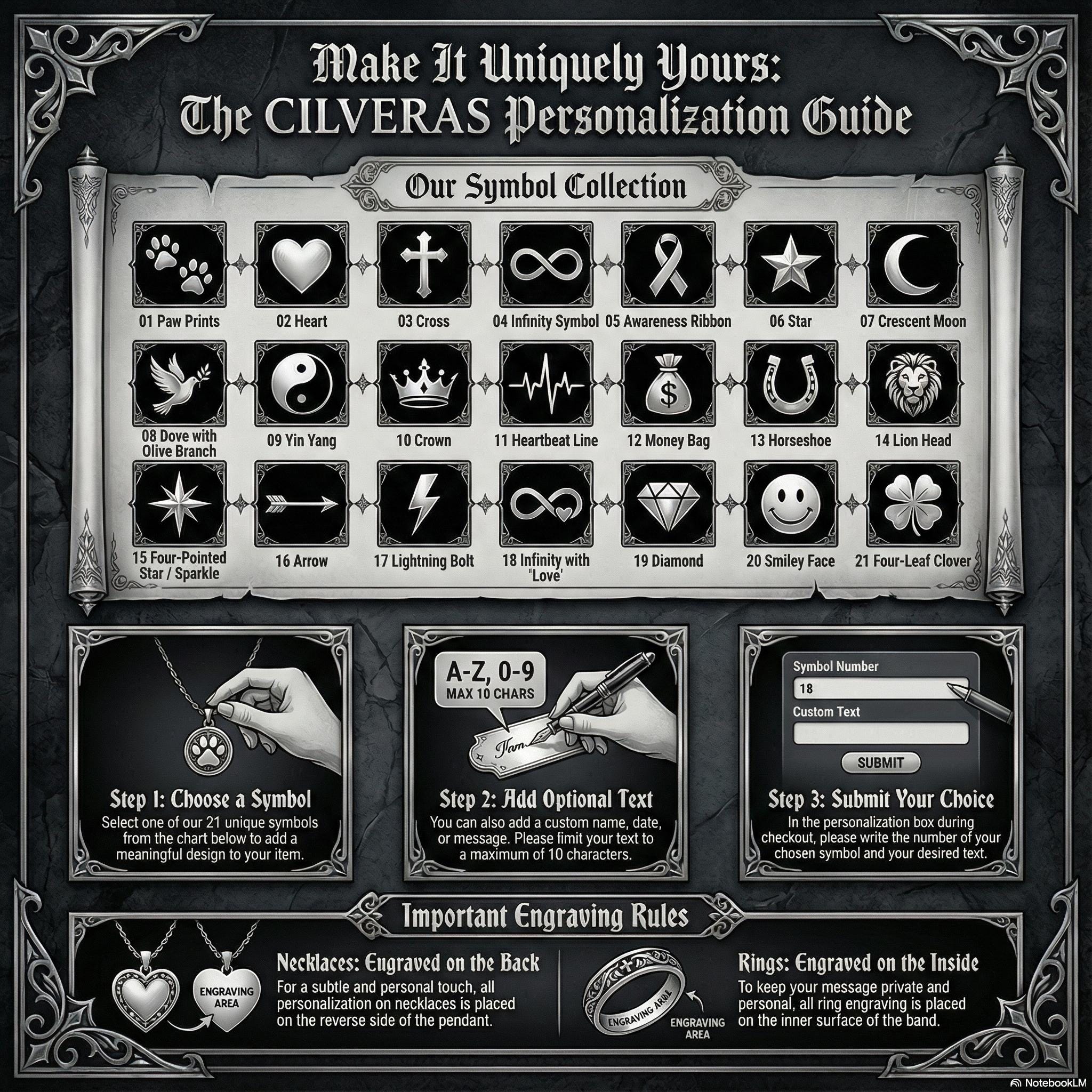 The image is a detailed guide on how to personalize necklaces and rings using the CILVERAS Personalization Guide. It provides step-by-step instructions on choosing a symbol, adding text, and engraving on the back and inside the pendant. The guide also outlines important engraving rules for necklaces and rings. The image is a collage of various symbols and instructions, and it is not a single image but a collection of images that collectively convey the guide's message.