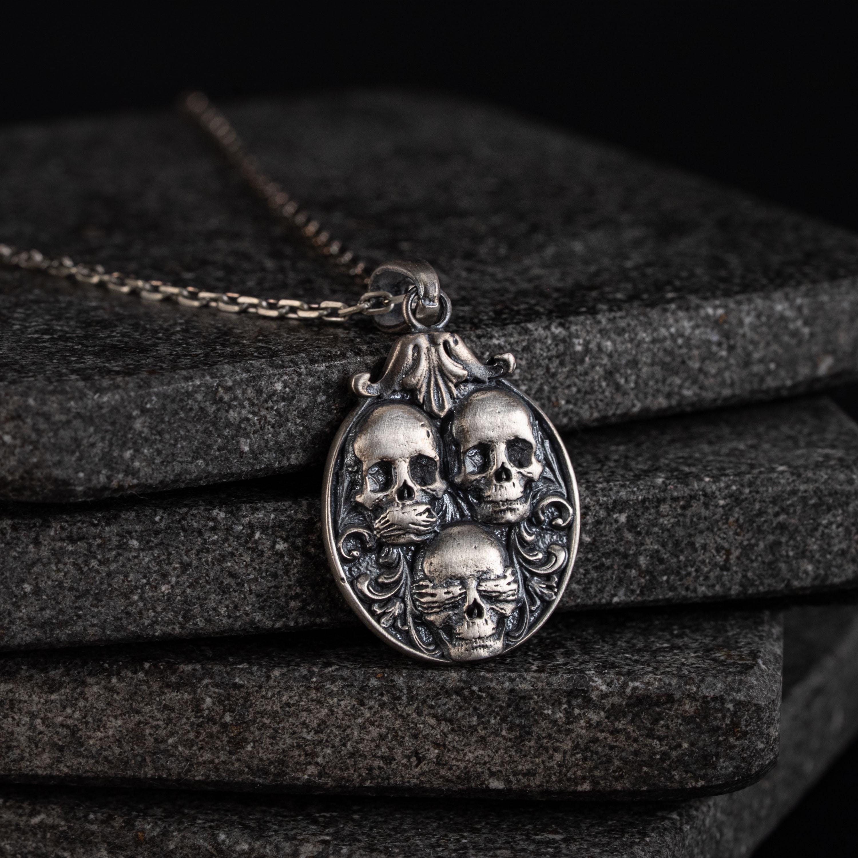 Three Wise Skull 925 Sterling Silver Pendant Necklace