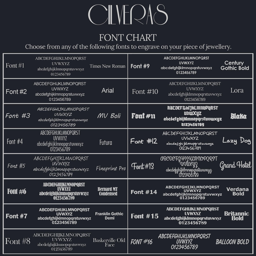a font chart with various font names and styles, which can be used to engrave on jewelry.