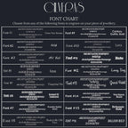 a font chart with various font names and styles, which can be used to engrave on jewelry.