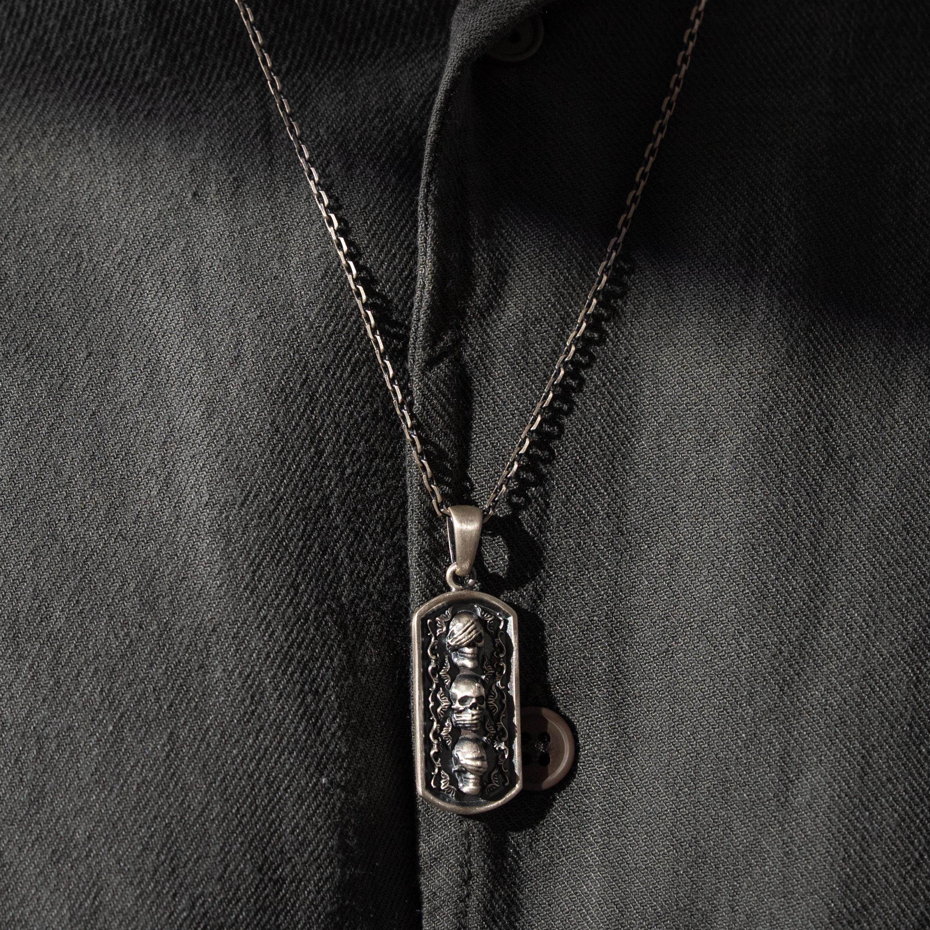 Three Wise Skulls 925 Sterling Silver Handmade Necklace