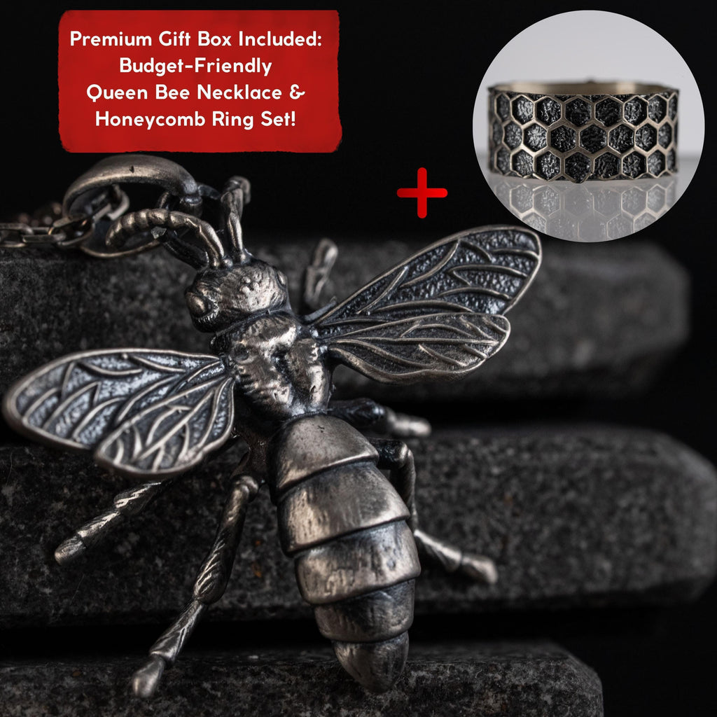 Queen Bee Necklace & Honeycomb Ring Handmade 925 Sterling Silver Set