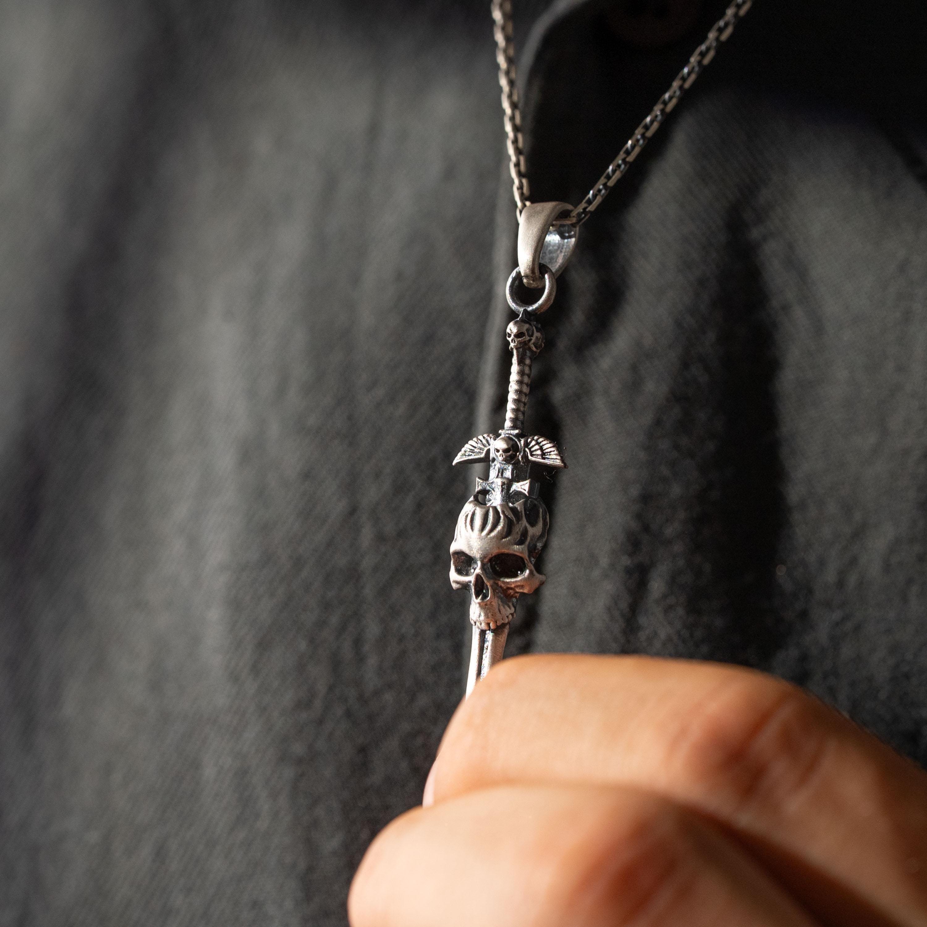 Skull Cross Sword 925 Sterling Silver Pendant Necklace