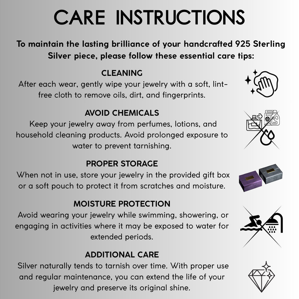 care instructions for maintaining a handmade 925 Sterling Silver piece. It provides tips on cleaning, avoiding chemicals, proper storage, moisture protection, and additional care. The instructions are clear and concise, with no redundancy or vague wording.