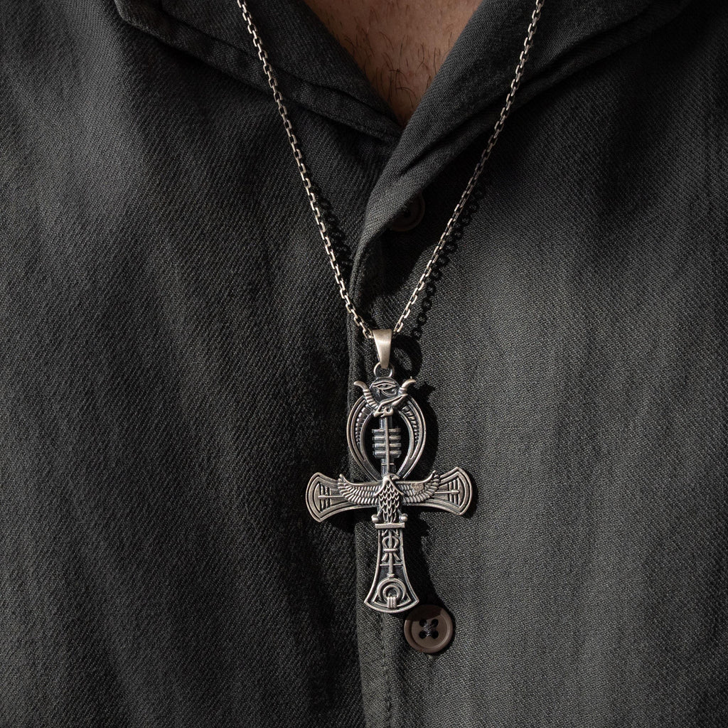 925 Sterling Silver Pharaoh Ring & Ankh Eye of Horus Pendant Necklace