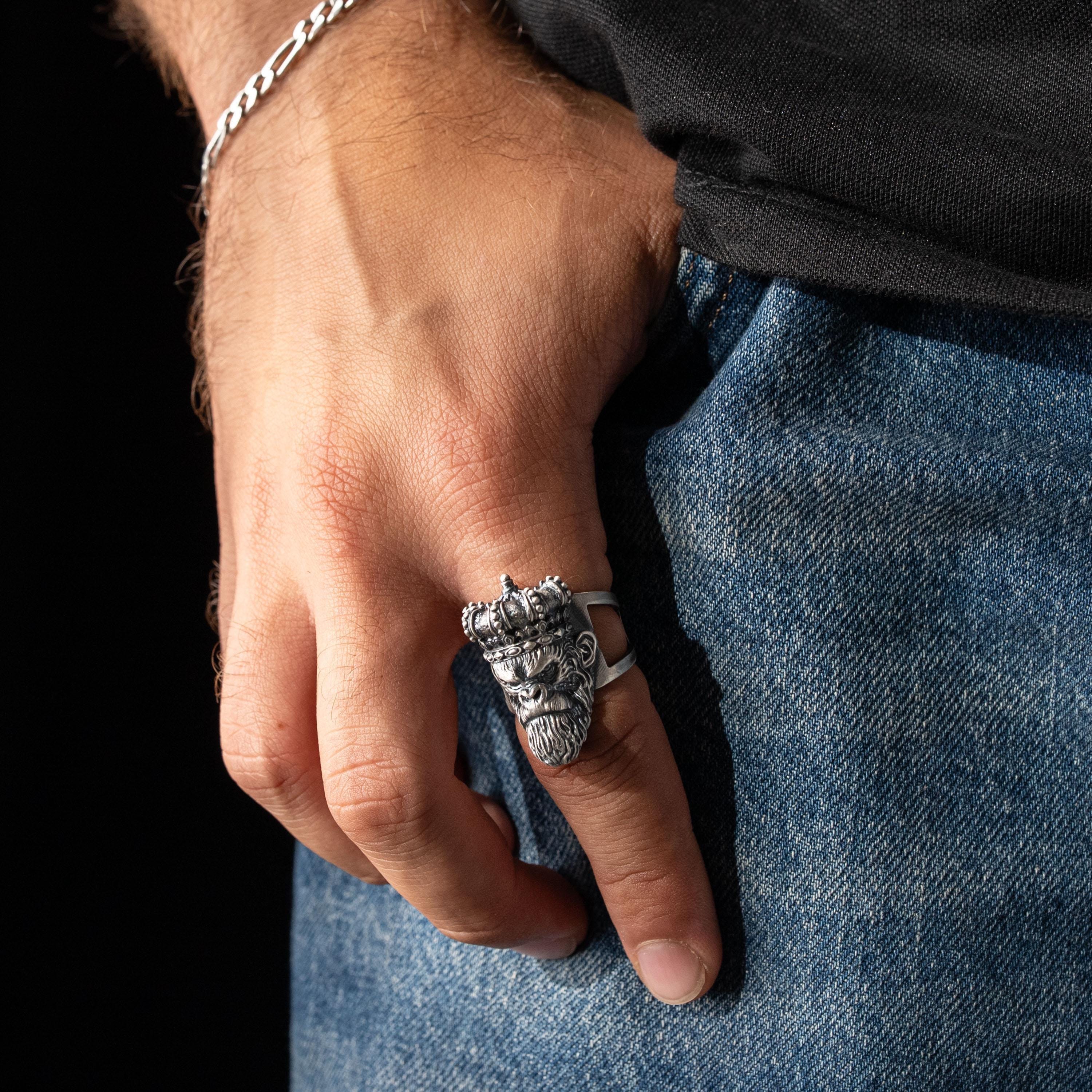 925 Sterling Silver Gorilla King Ring & Angry Gorilla Necklace Set