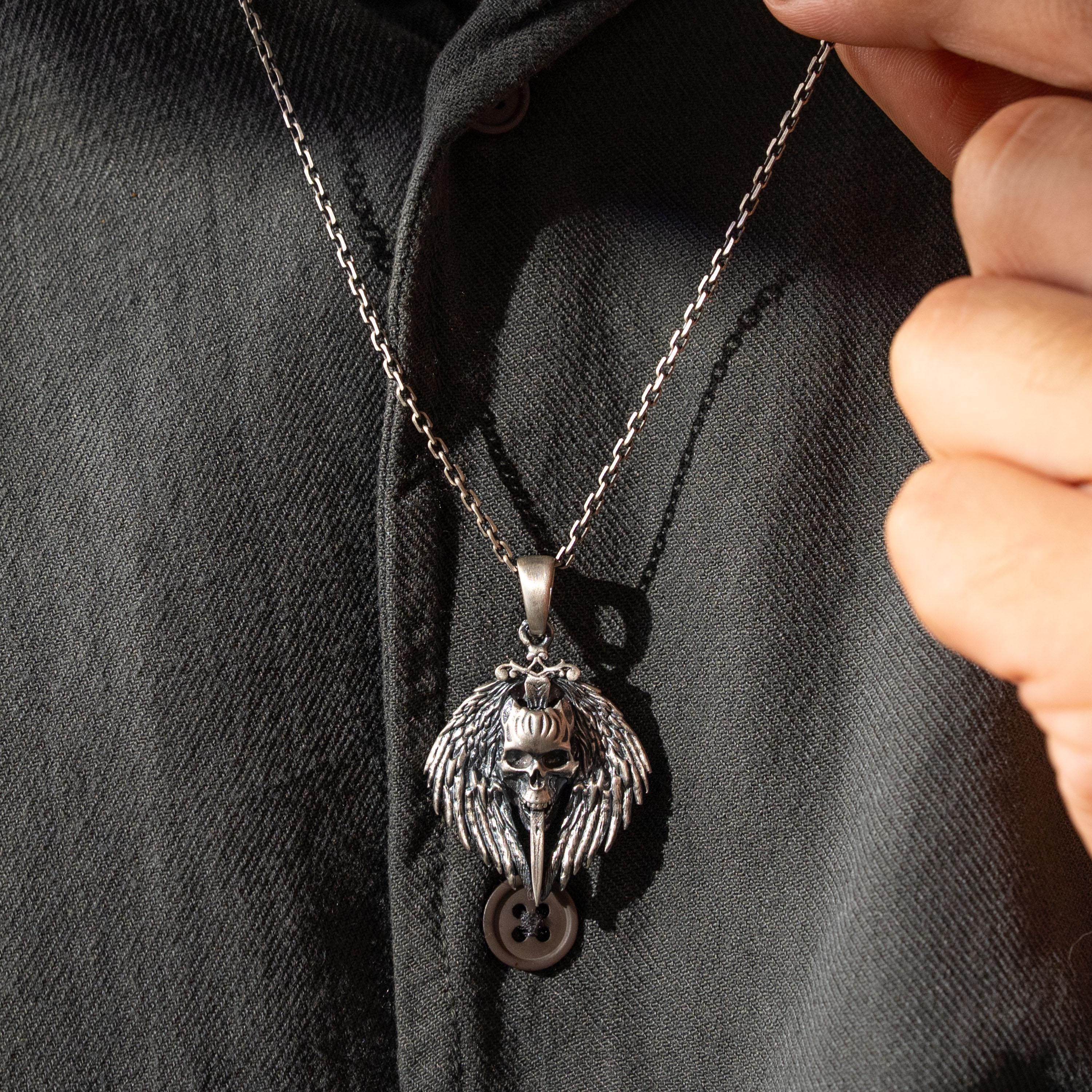 Gothic Skull Sword 925 Sterling Silver Pendant Necklace