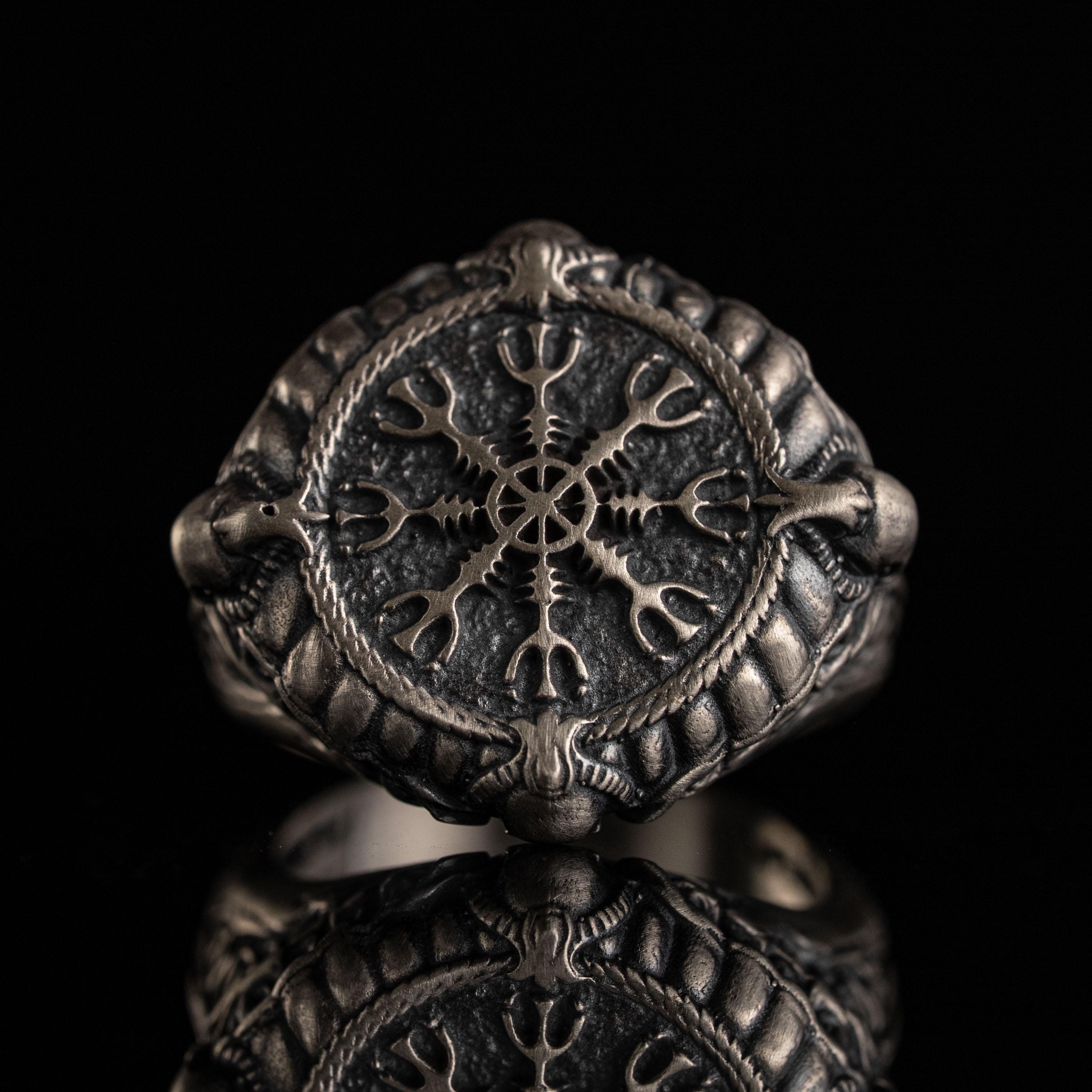 Viking Vegvisir Necklace & Helm of Awe Ring Set