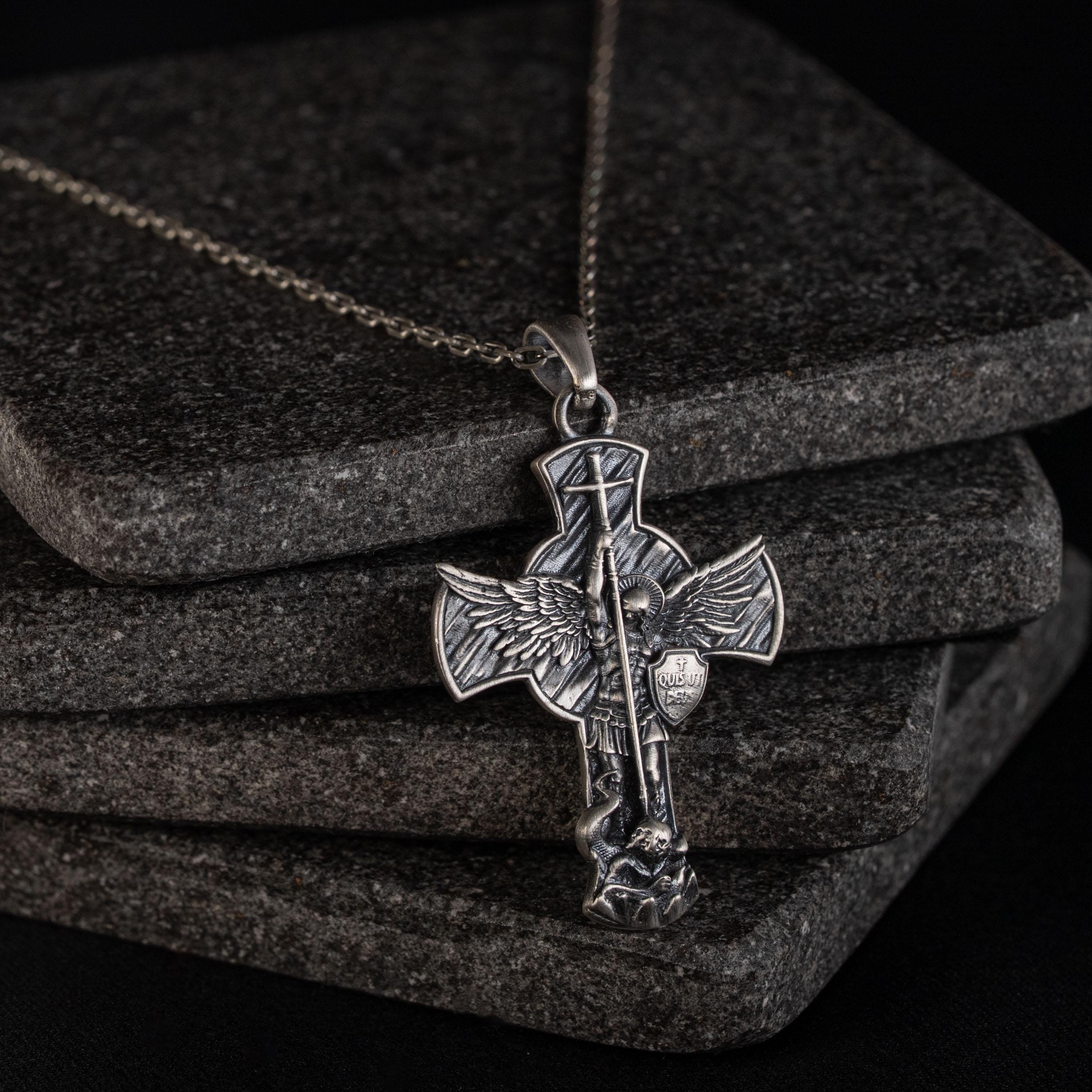Archangel Michael 925 Sterling Silver Pendant - Saint Michael Cross Necklace