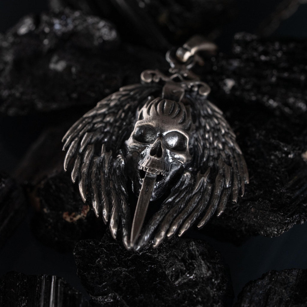 Gothic Skull Sword 925 Sterling Silver Pendant Necklace