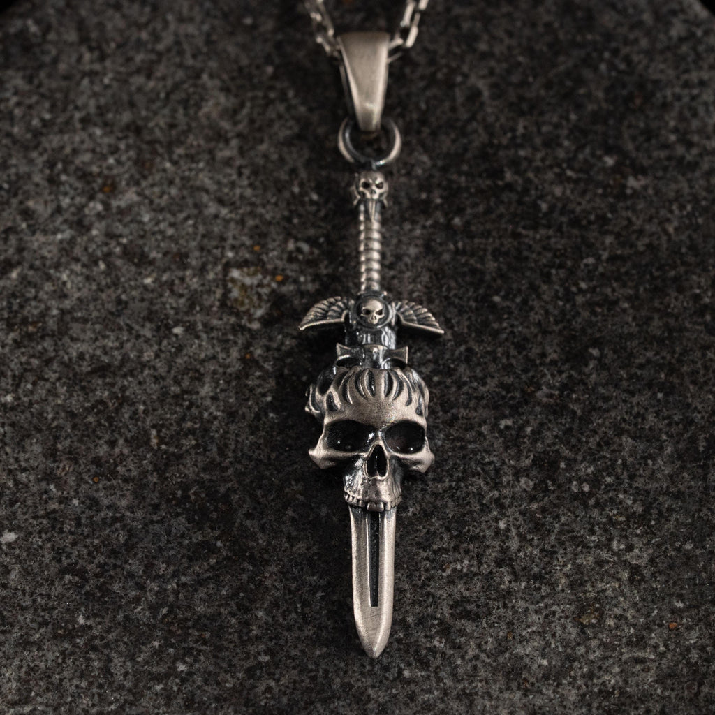 Skull Cross Sword 925 Sterling Silver Pendant Necklace