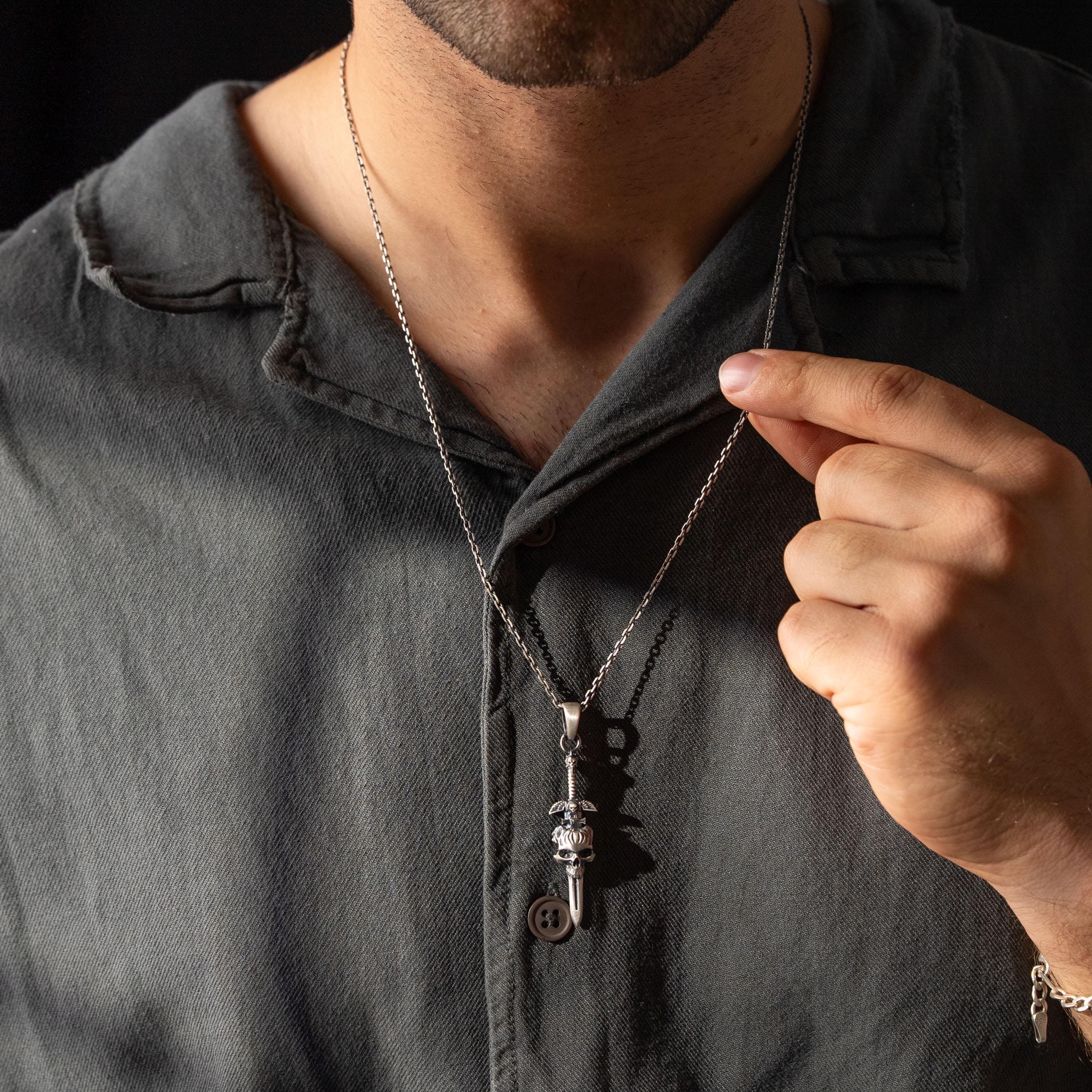 Skull Cross Sword 925 Sterling Silver Pendant Necklace