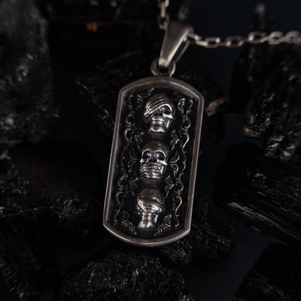 Three Wise Skulls 925 Sterling Silver Handmade Necklace