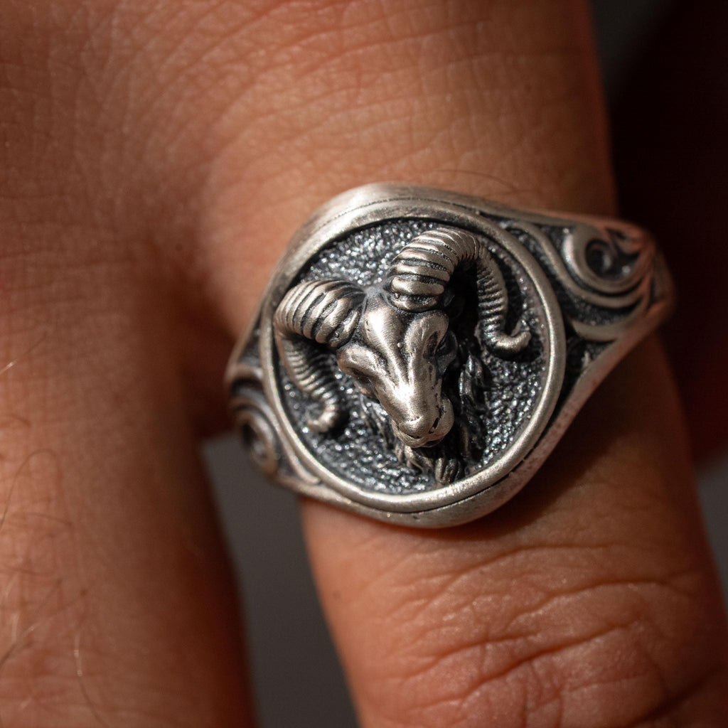 Sterling Silver Aries Ram Head Signet Ring