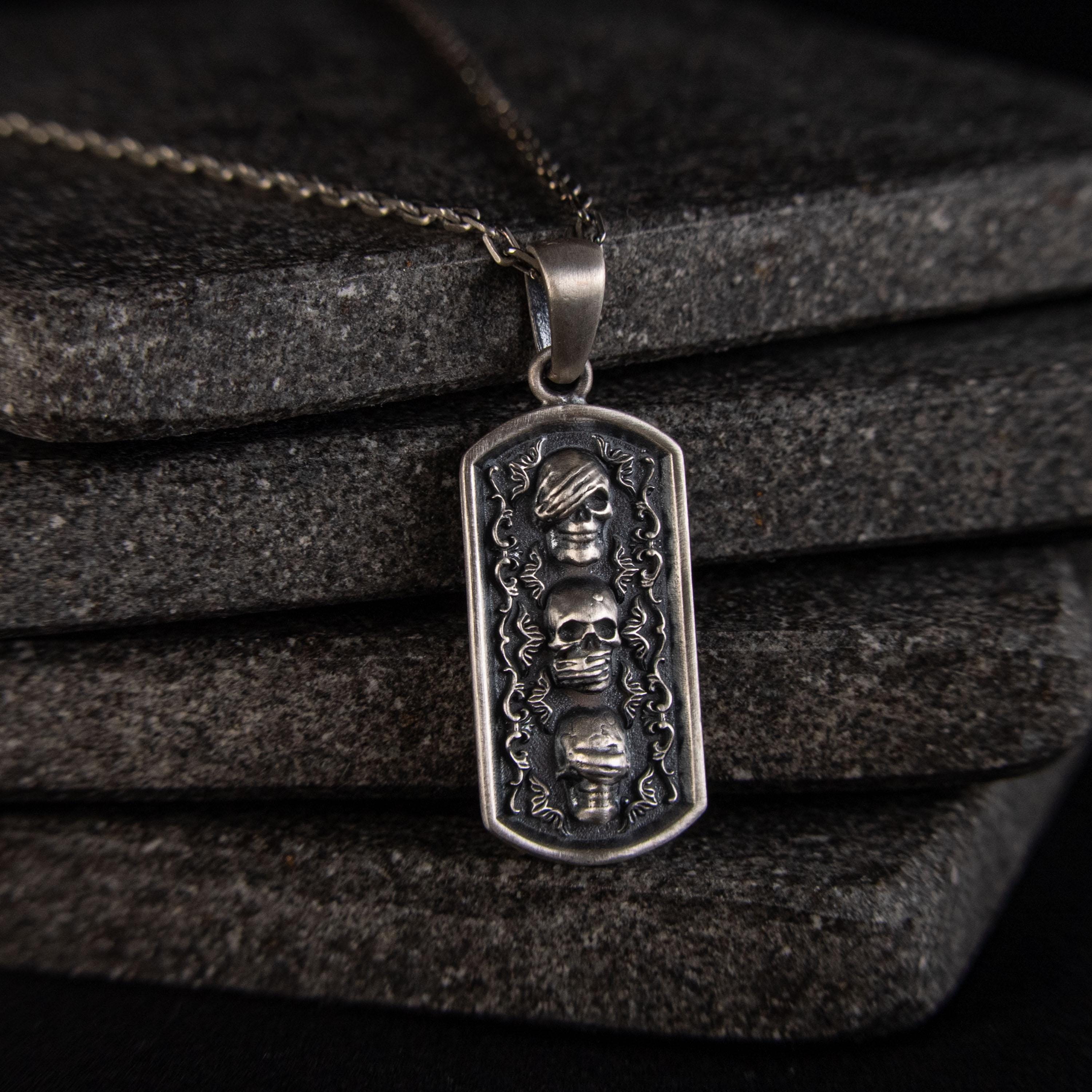 Three Wise Skulls 925 Sterling Silver Handmade Necklace