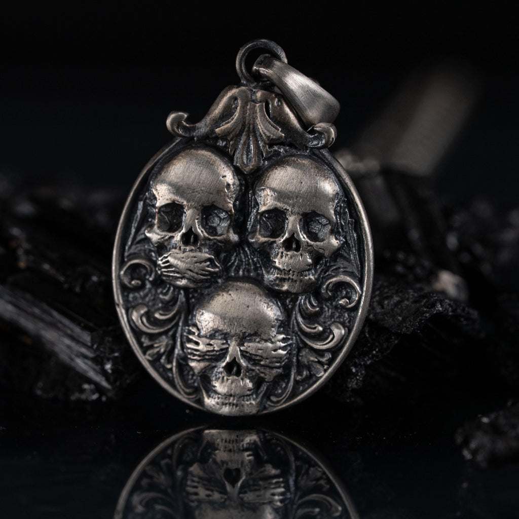 Three Wise Skull 925 Sterling Silver Pendant Necklace